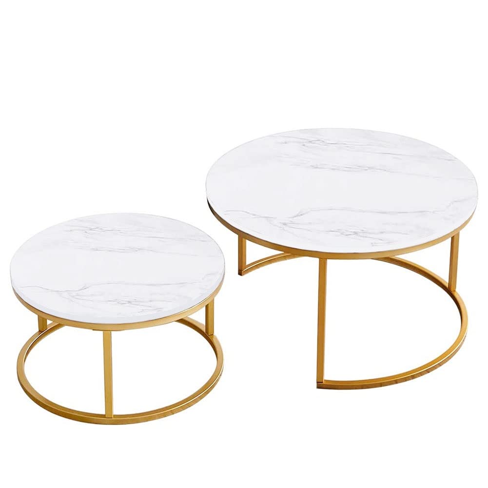 Round Nesting Coffee Table Set of 2 - White Marble Look Table Top with Metal Frame - Modern Side End Tables for Living Room, Bedroom (70+50cm) - Perfect for Snacks, Tea Time and Small Space Decor