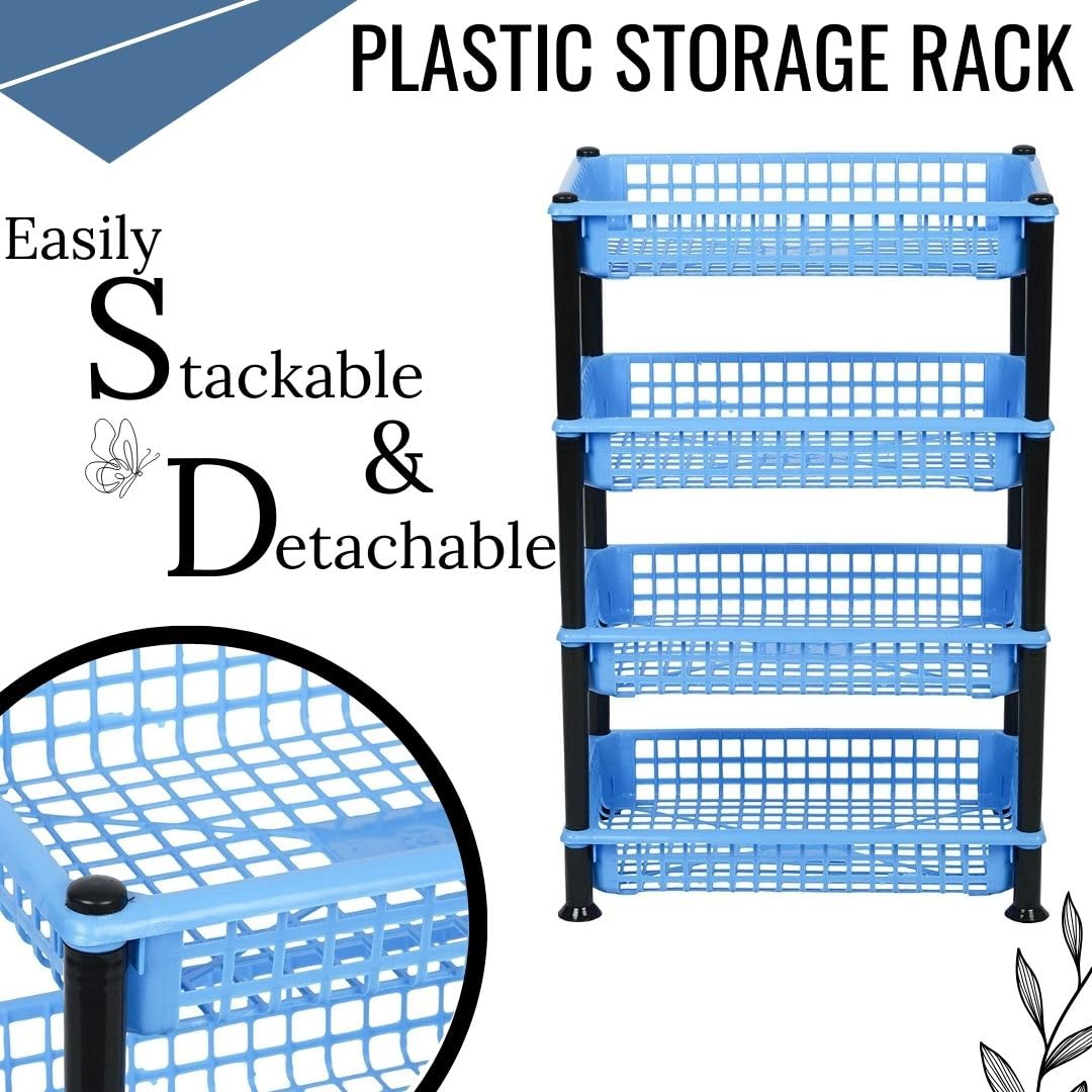 NABHYA Plastic 4-Tier Multipurpose Basket Stand Rack for Fruits & Vegetables - Space-Saving Storage Organizer for Kitchen, Pantry, or Garage (Blue, EZEE Rack)