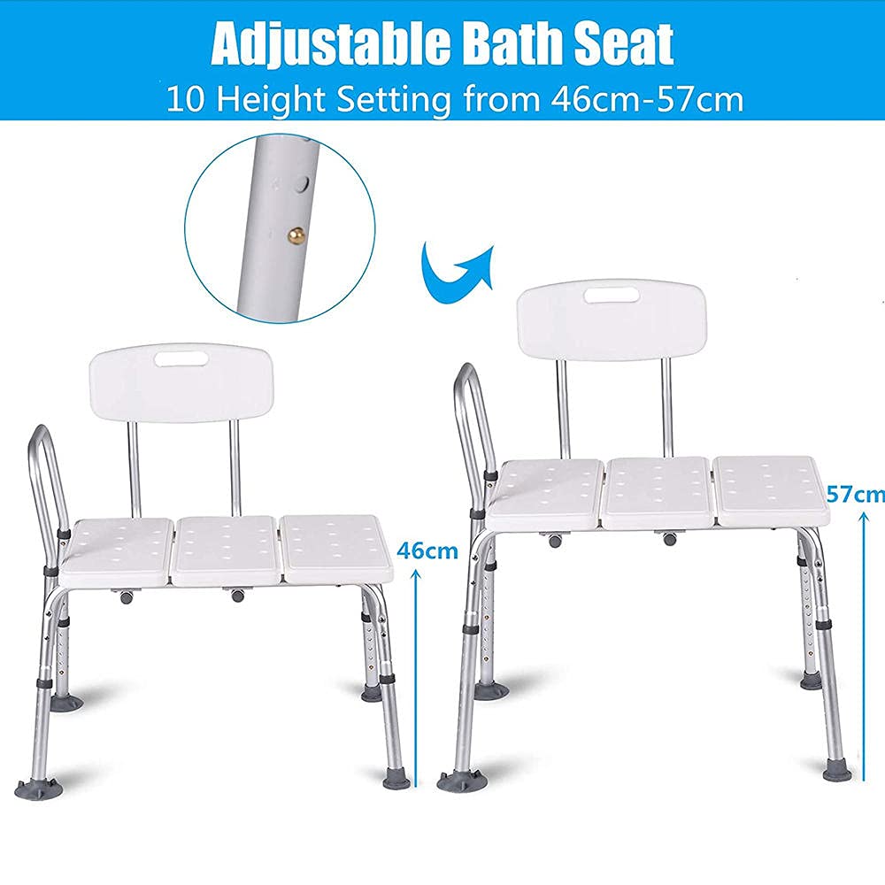 Adjustable Aluminum Alloy Shower Transfer Bench with Backrest - 3 Blow Molding Plates, Non-Slip Shower Chair for Elderly & Disabled - White | Bathroom Safety for Seniors, Post-Surgery Recovery & Accessible Showering