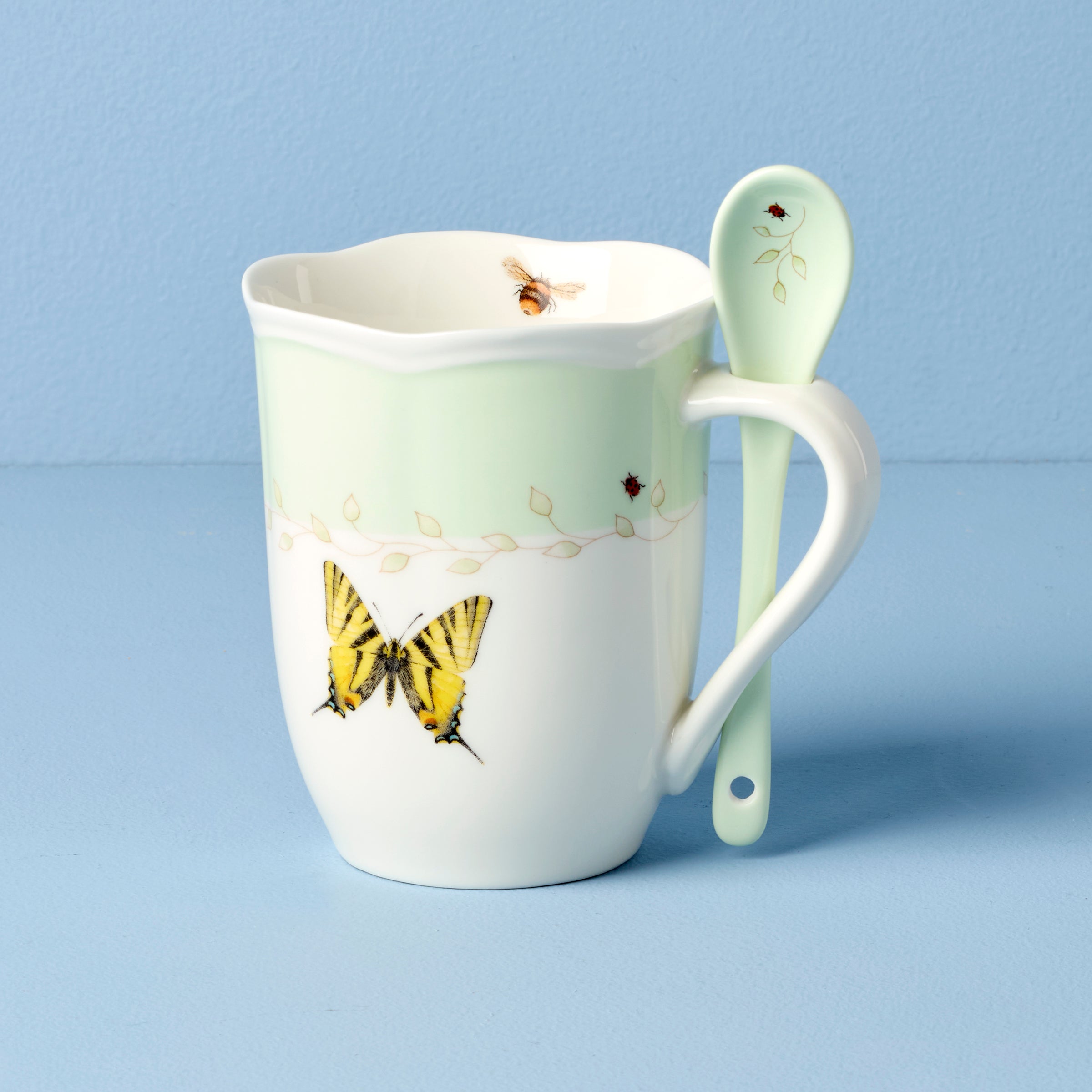Butterfly Meadow Green Coffee Mugs with Spoons - Set of 2 Ceramic Tea Cups for Home, Office & Gift Giving | Perfect for Morning Coffee, Afternoon Tea & Cozy Moments