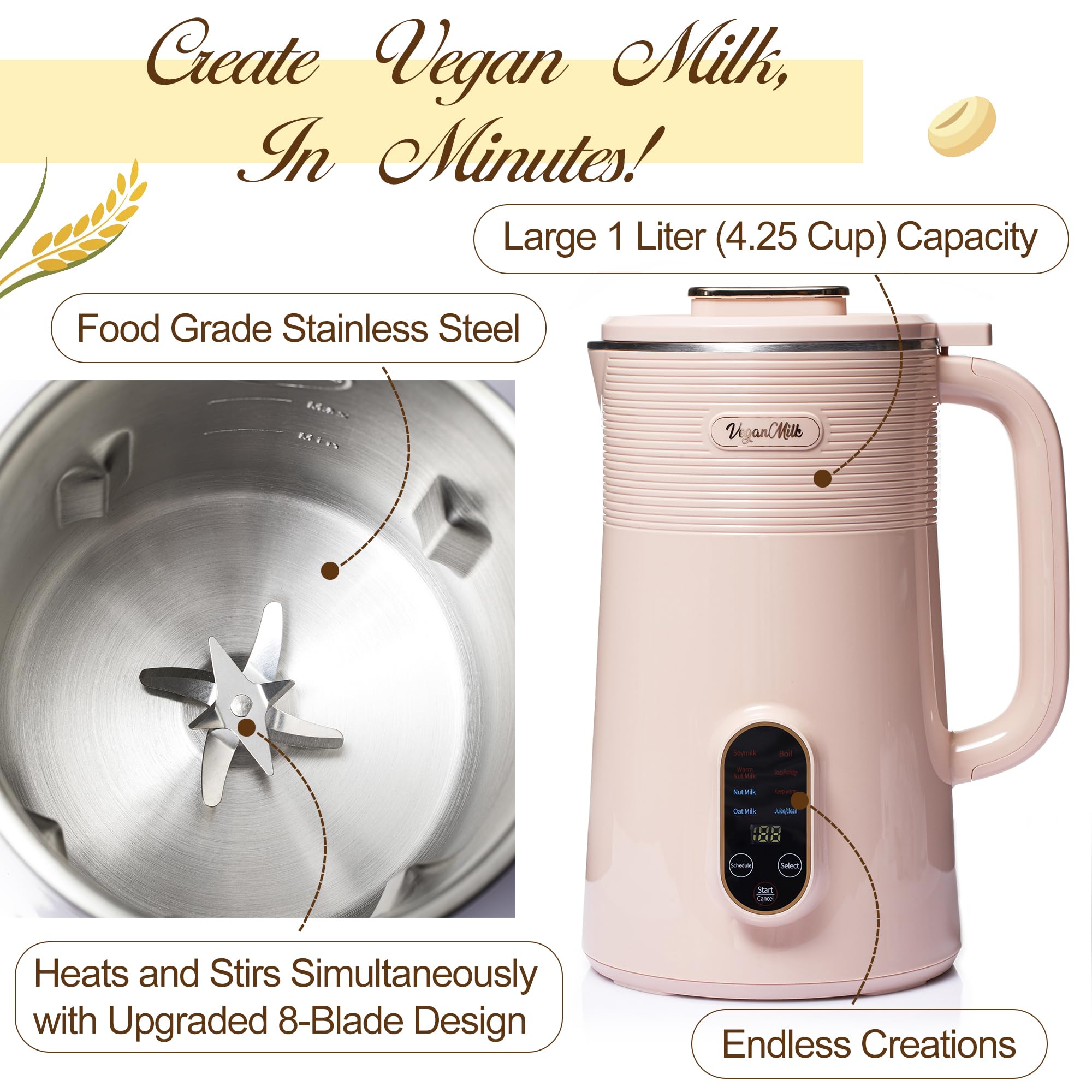 8-in-1 Plant-Based Milk Maker Machine - Almond, Soy, Oat & Nut Milk Maker with Soup Function | Perfect for Vegan, Dairy-Free & Healthy Lifestyles | Home Kitchen Essential for Fresh Nut Milks, Creamy Soups & Healthy Beverages