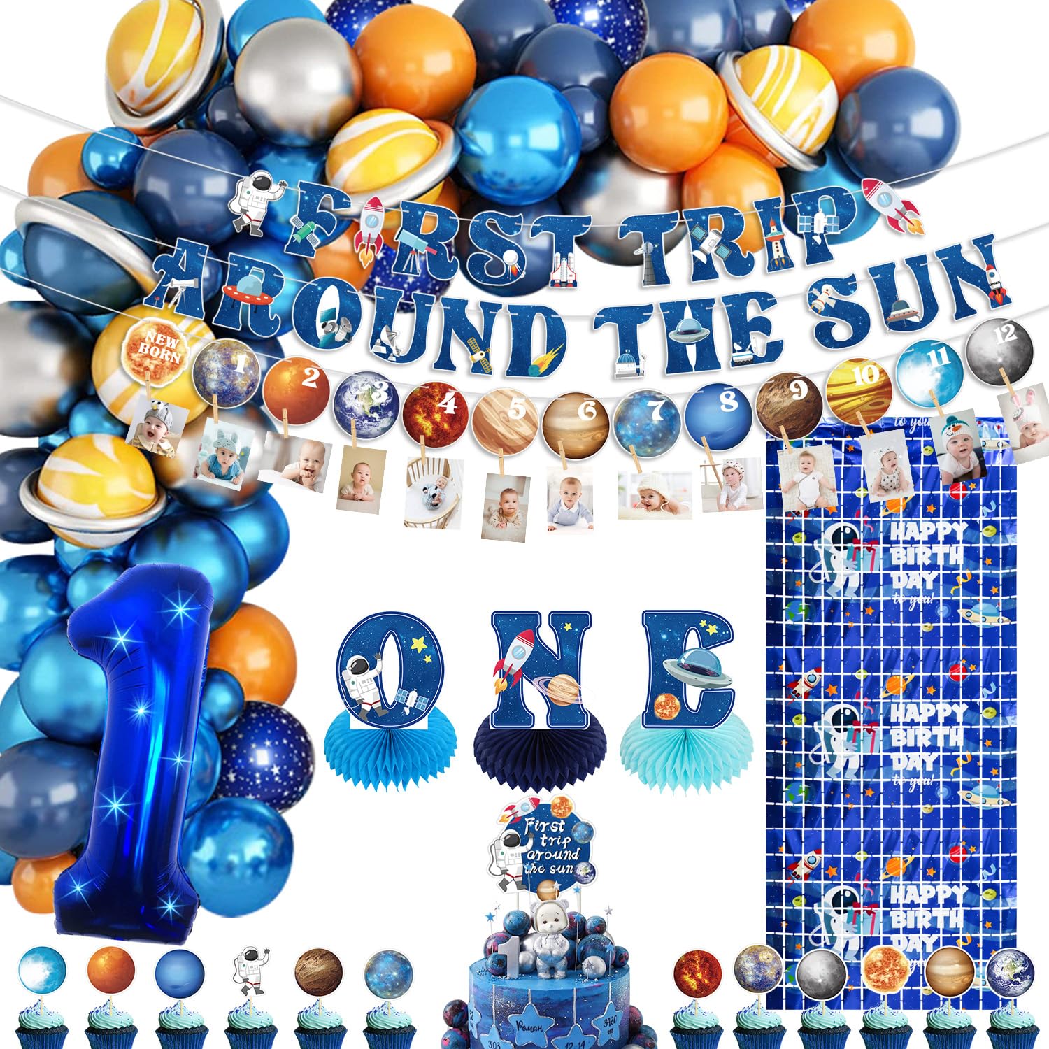 Outer Space 1st Birthday Party Decorations Set - First Trip Around The Sun Banner, Planet Monthly Photo Banner, Honeycomb Centerpiece, Cake Toppers & Balloons - Perfect for Kids' Space-Themed Birthday Party Decor & Photo Backdrop