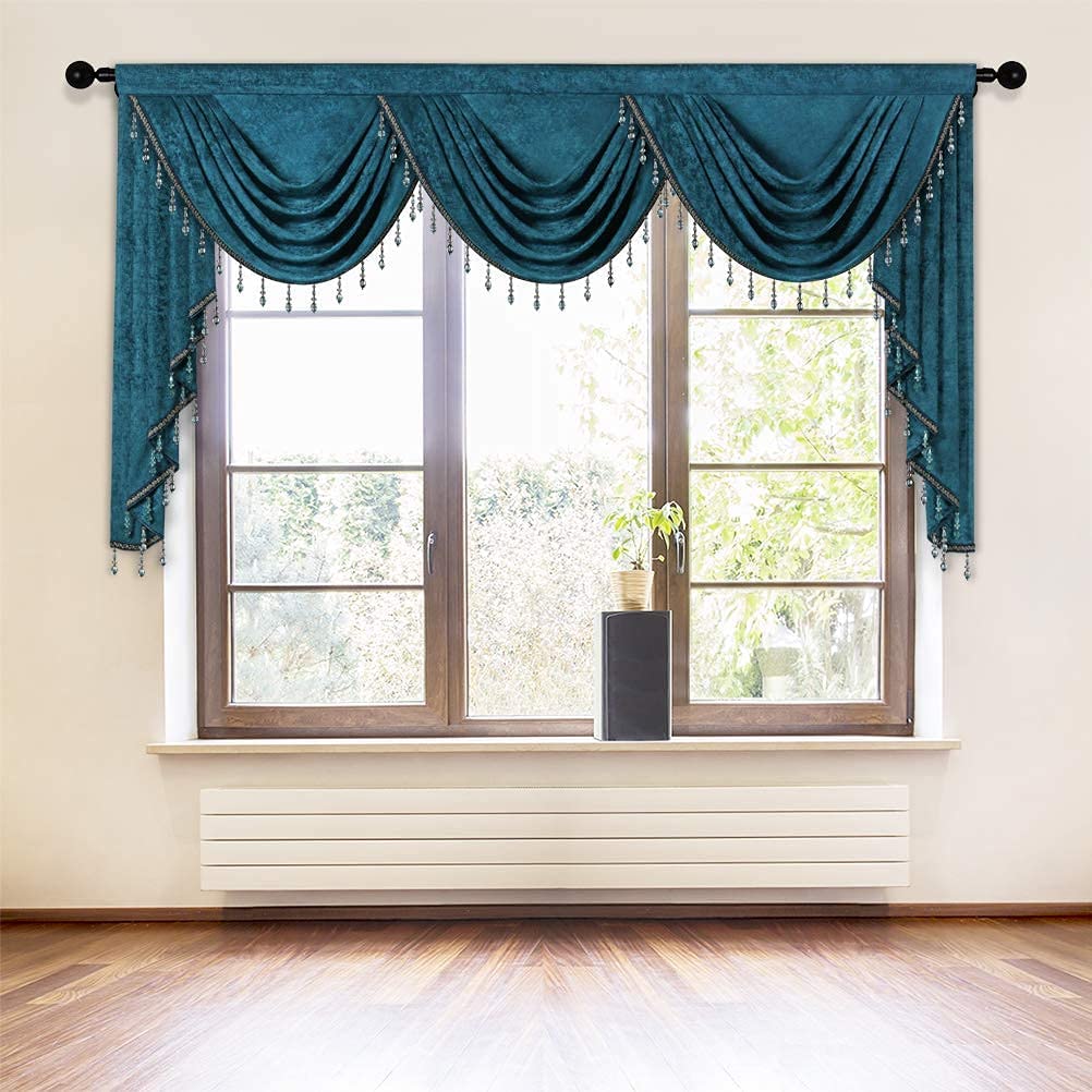 ELKCA Thick Chenille Window Curtain Valance - Peacock Blue Beaded Valance with Rod Pocket for Living Room & Bedroom (79 Inches Wide, 1 Panel) | Elegant Home Decor for Windows, Perfect for Living Spaces & Bedrooms