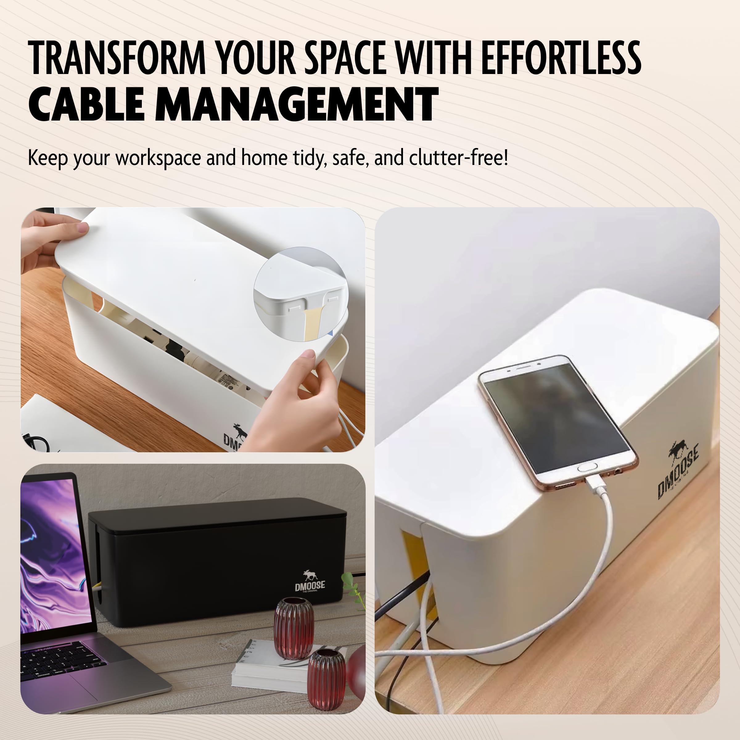 DMoose Cable Management Box - 2 Pack Medium & Large Cord Organizer for Desk & Floor - Child & Pet Safe Cable Organizer Box - Power Strip Cover for Tidy Office & Home (White, Pack of 2) - Perfect for Home Office, Living Room & Bedroom Cable Organization