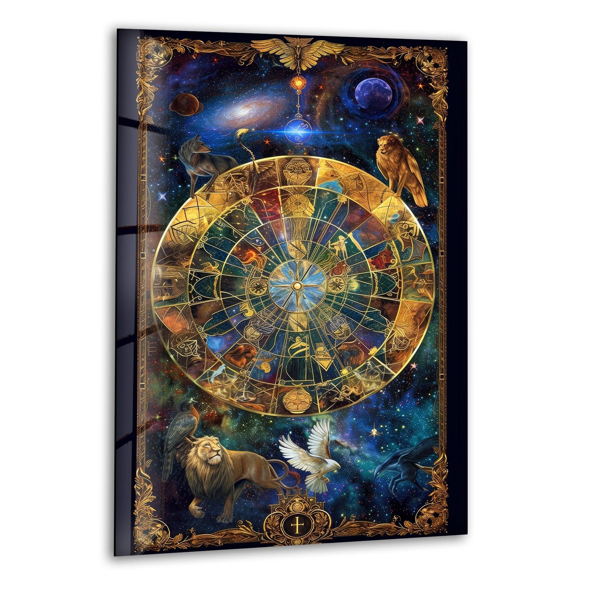 Celestial Astrology Glass Wall Art Decor - Handmade Zodiac Sign Mural for Home, Office & Meditation Room - Perfect for Spiritual Spaces & Gift Giving