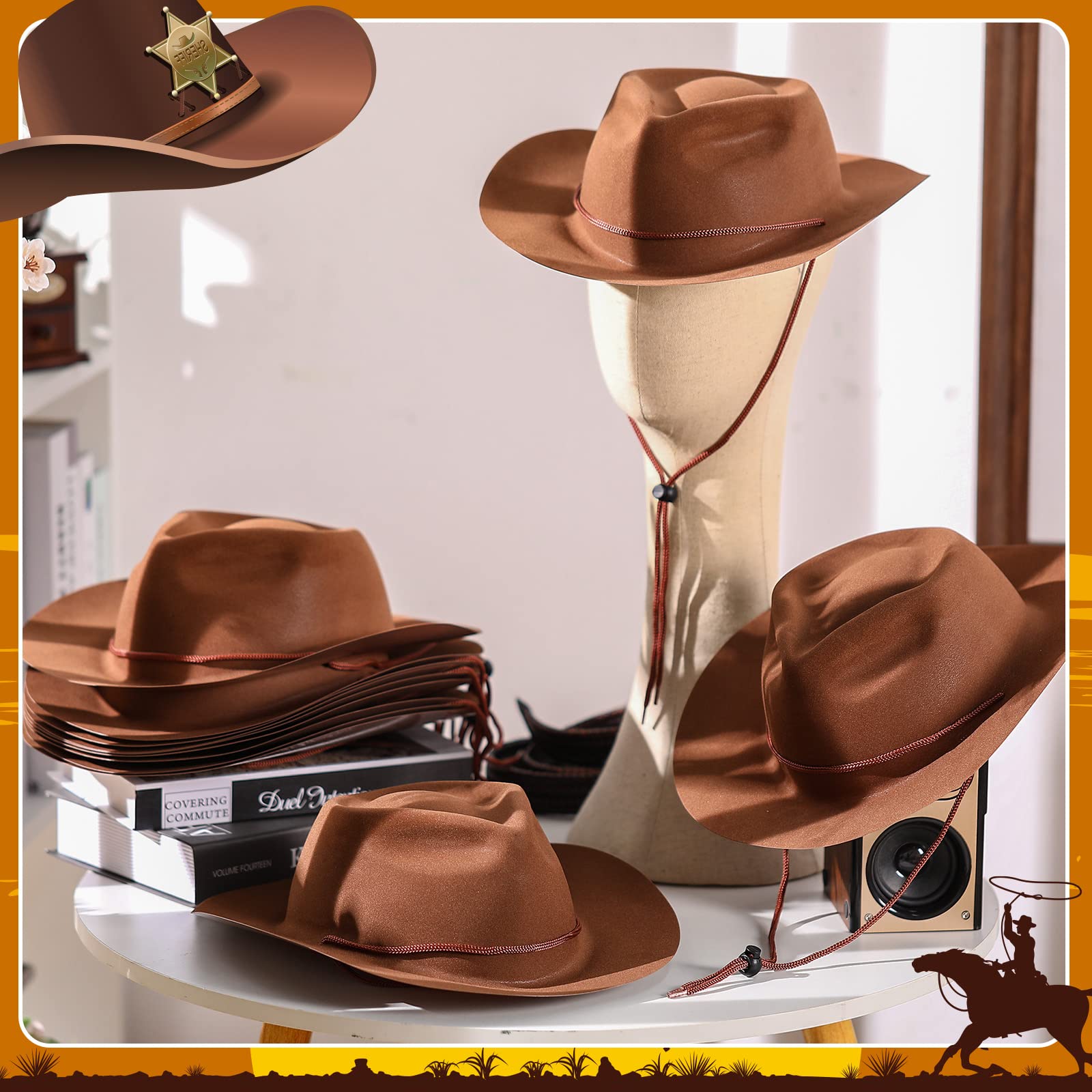 Hicarer 12-Piece Western Cowboy Hat Set - Plastic Felt Wide Brim Cowboy & Cowgirl Hats for Men & Women - Perfect for Costume Parties, Halloween, Rodeo Events & Western Themed Celebrations