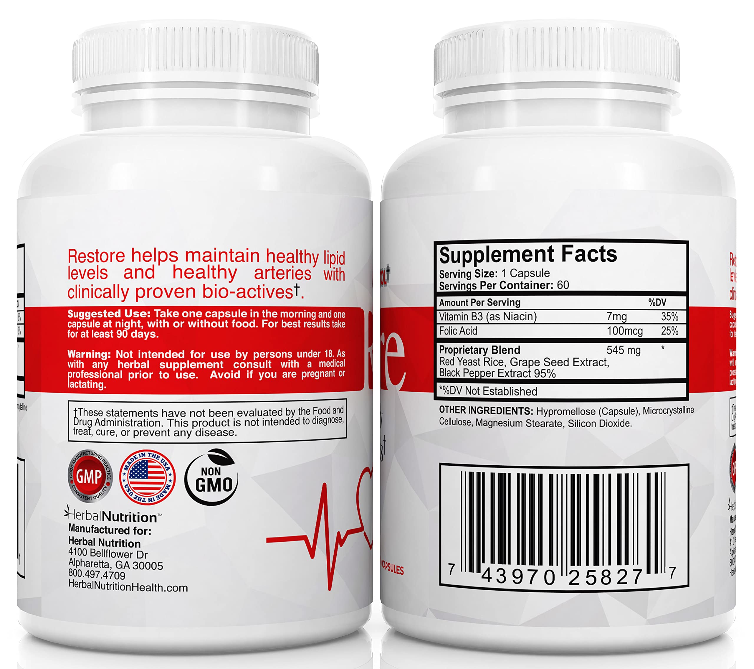 Restore Advanced Lipid Support Supplement - All-Natural Red Yeast Rice, Grape Seed & Folic Acid for Healthy Cholesterol Levels | 90-Day Guarantee | Supports Cardiovascular Health for Active Adults & Seniors