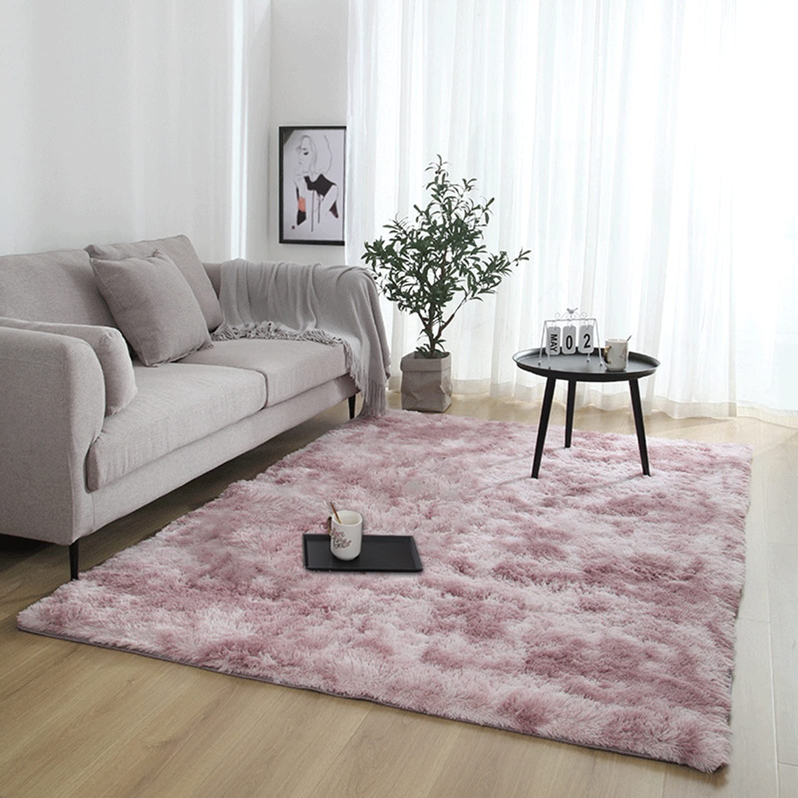 HHZY Modern Fluffy Tie-Dye Faux Fur Area Rug - Soft Plush Shaggy Carpet for Living Room, Bedroom & Yoga - Non-Slip Floor Mat, Pink 200x300cm (79x118 inches) - Perfect for Cozy Home Decor, Meditation Space & Kids Play Area