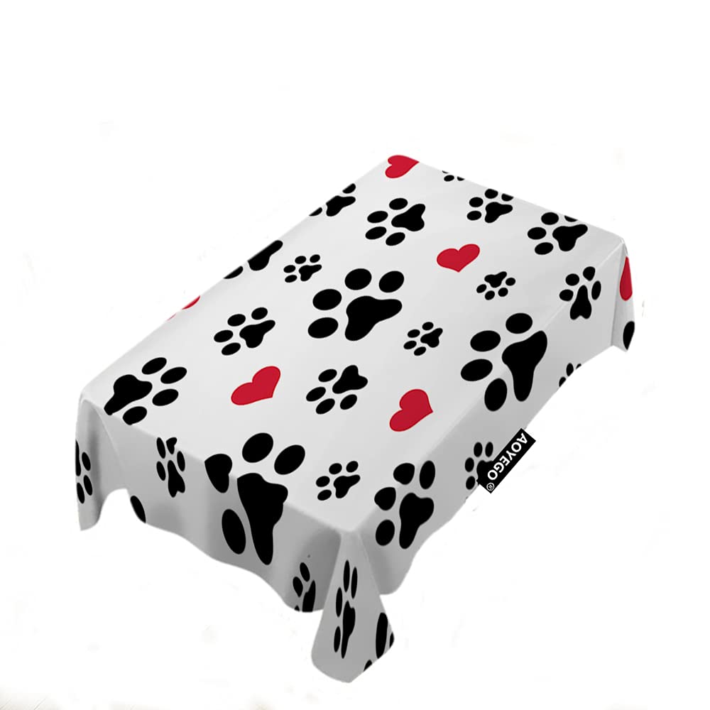 Valentine's Day Heart & Paw Print Rectangle Tablecloth 60x84 Inch - Pet-Themed Polyester Table Cover for Kitchen, Holiday Dinner, Restaurant, Hotel - Perfect for Romantic Dates, Family Gatherings & Pet Lovers