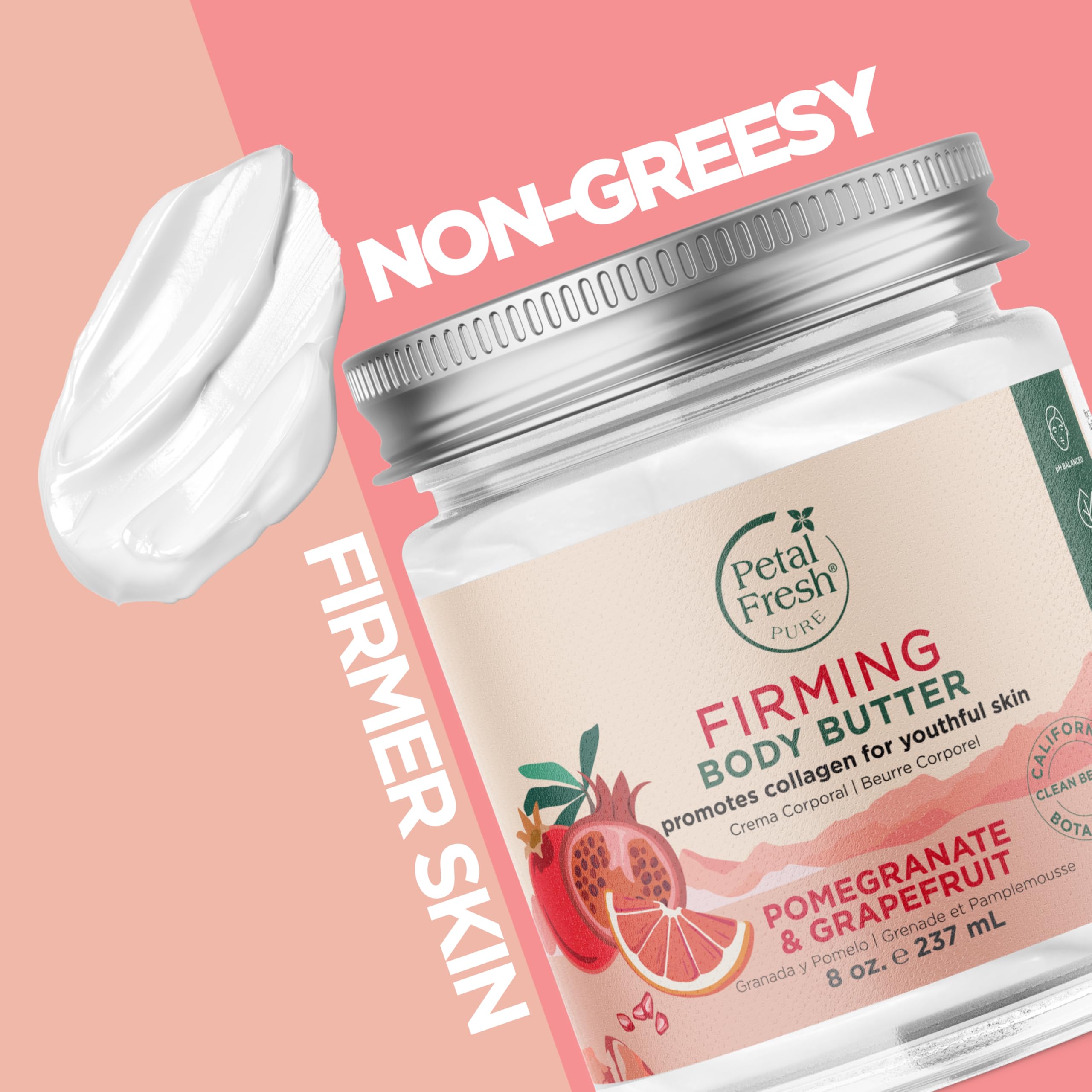 Petal Fresh Pure Firming Pomegranate & Grapefruit Body Butter - 8 oz | Organic Coconut Oil, Argan Oil, Shea Butter | Collagen Boosting Moisturizer | Natural Vegan Skincare for Dry Skin | Cruelty Free Body Lotion for Women & Men | Perfect for Daily Hydration & Nighttime Routine