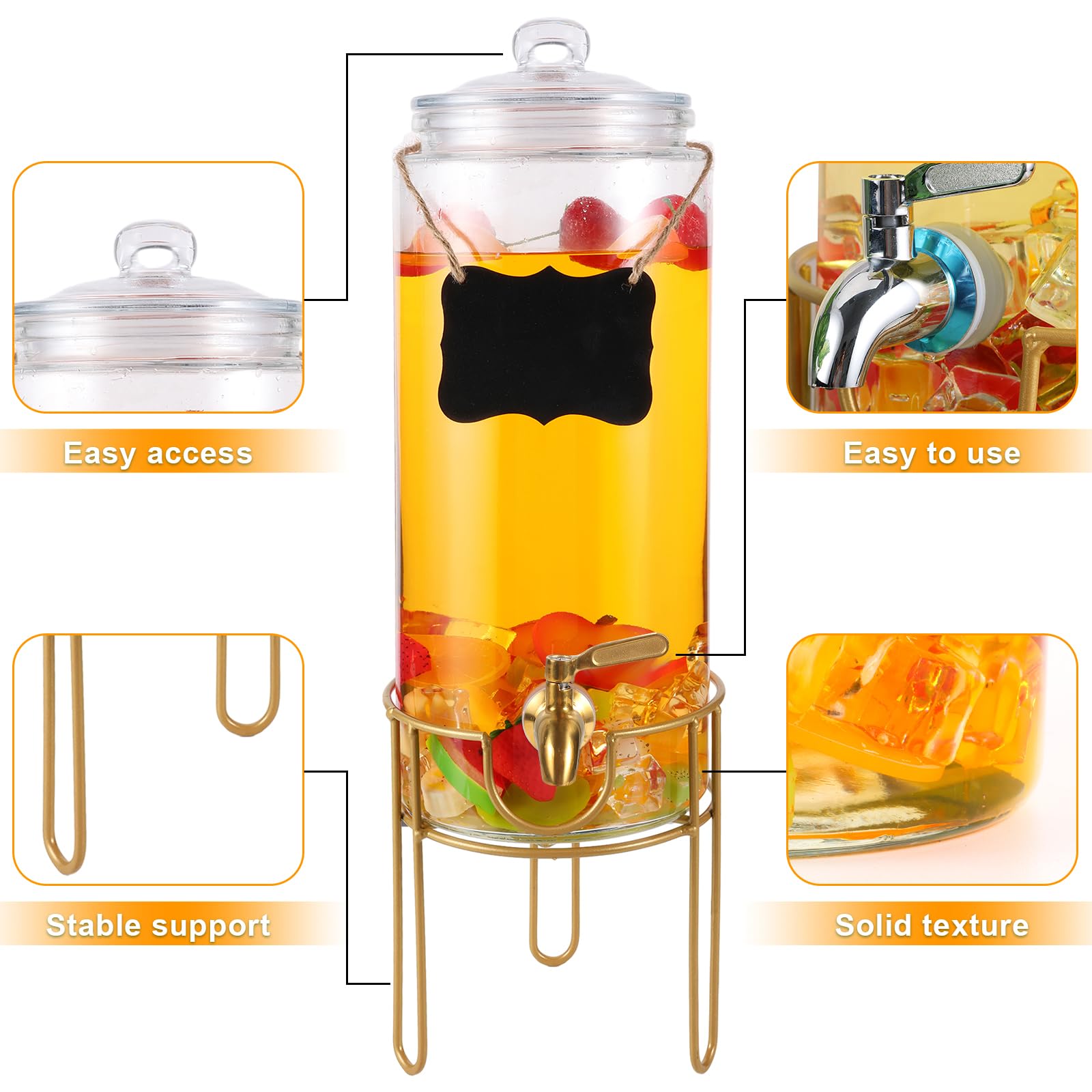 1 Gallon Glass Beverage Dispenser with Stand & Stainless Steel Spigot - Chalkboard Marker Included - Perfect for Lemonade, Juice, Tea & Party Drinks - Ideal for Weddings, BBQs, Picnics & Outdoor Events