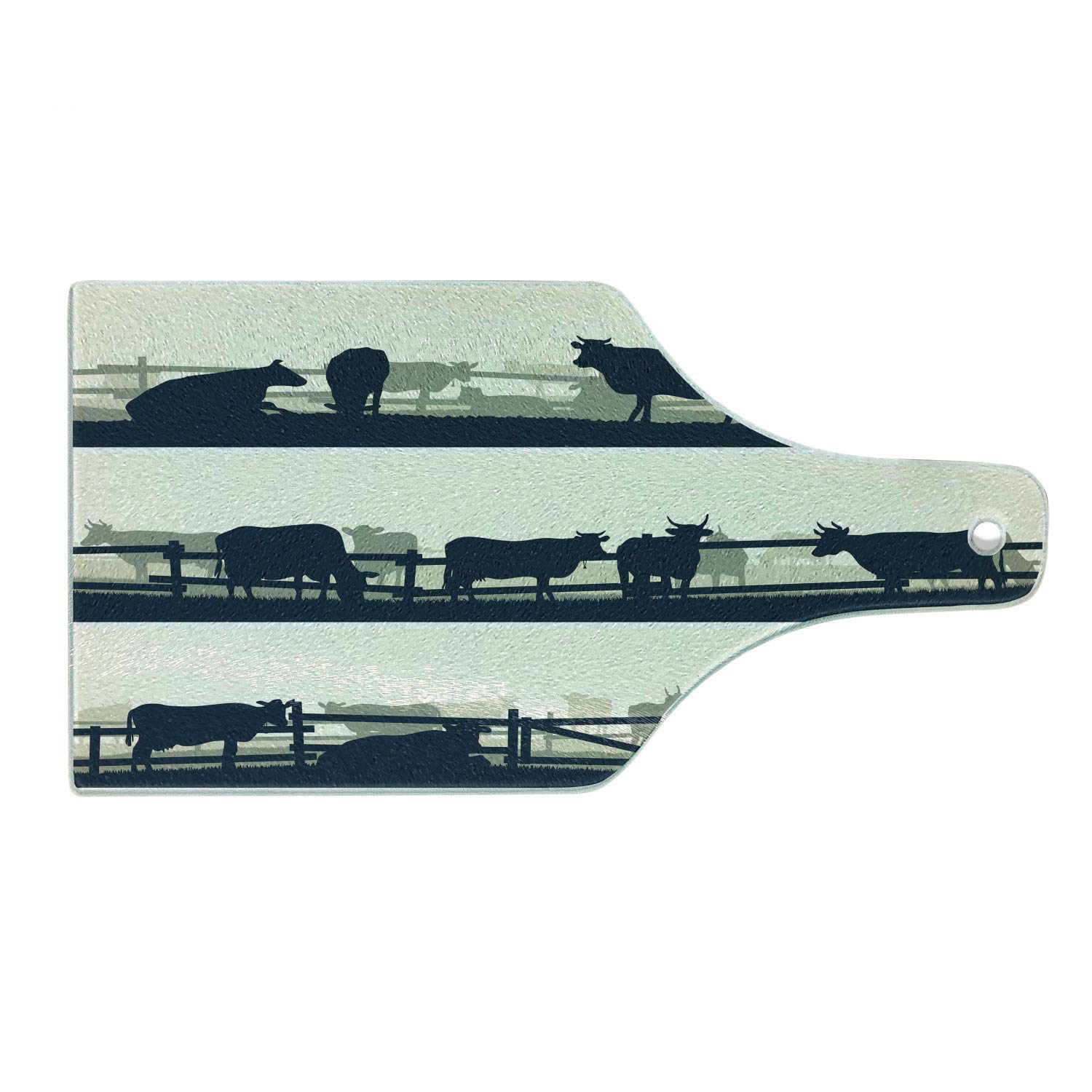 Ambesonne Farm Animal Cutting Board - Tempered Glass Serving Tray with Cow & Bull Silhouette Design - Dark Petrol Blue & White Wine Bottle Shape - Perfect for Cheese Platters, Charcuterie & Wine Pairing