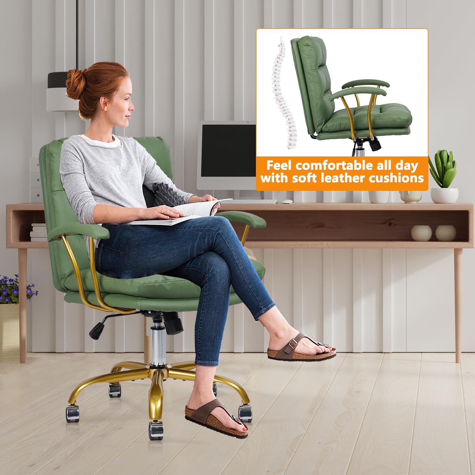Premium Green & Gold Leather Office Chair - Ergonomic Swivel Desk Chair with Padded Seat, Adjustable Height & Wheels - Perfect for Home Office, Study Room, Vanity Dressing Table & Living Room Workspace