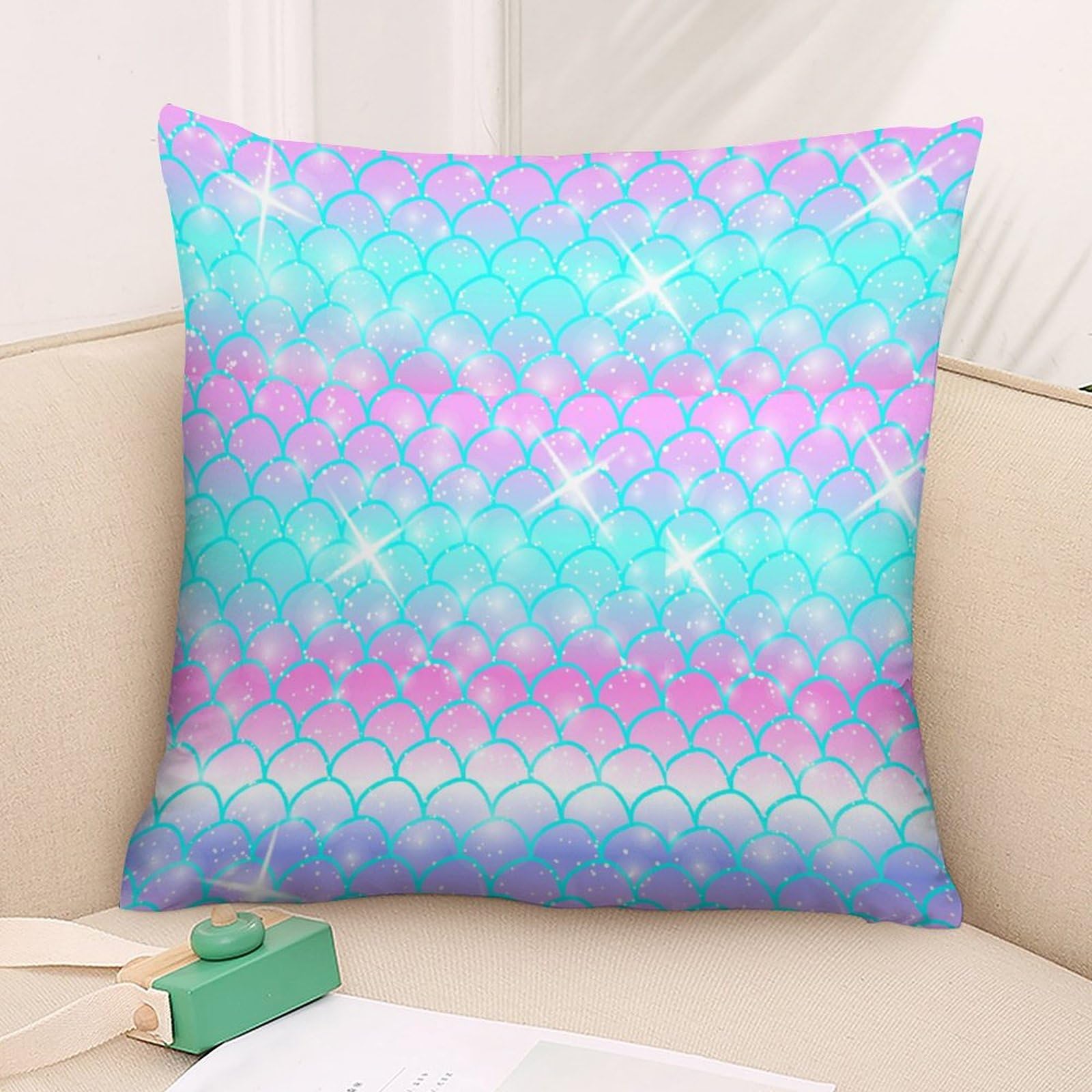 Cute Mermaid Pattern Polyester Pillow Cover - Soft & Smooth 14x14 Inch Square Cushion Case for Sofa, Bed, Dorm Decor - Kawaii Home Accessories