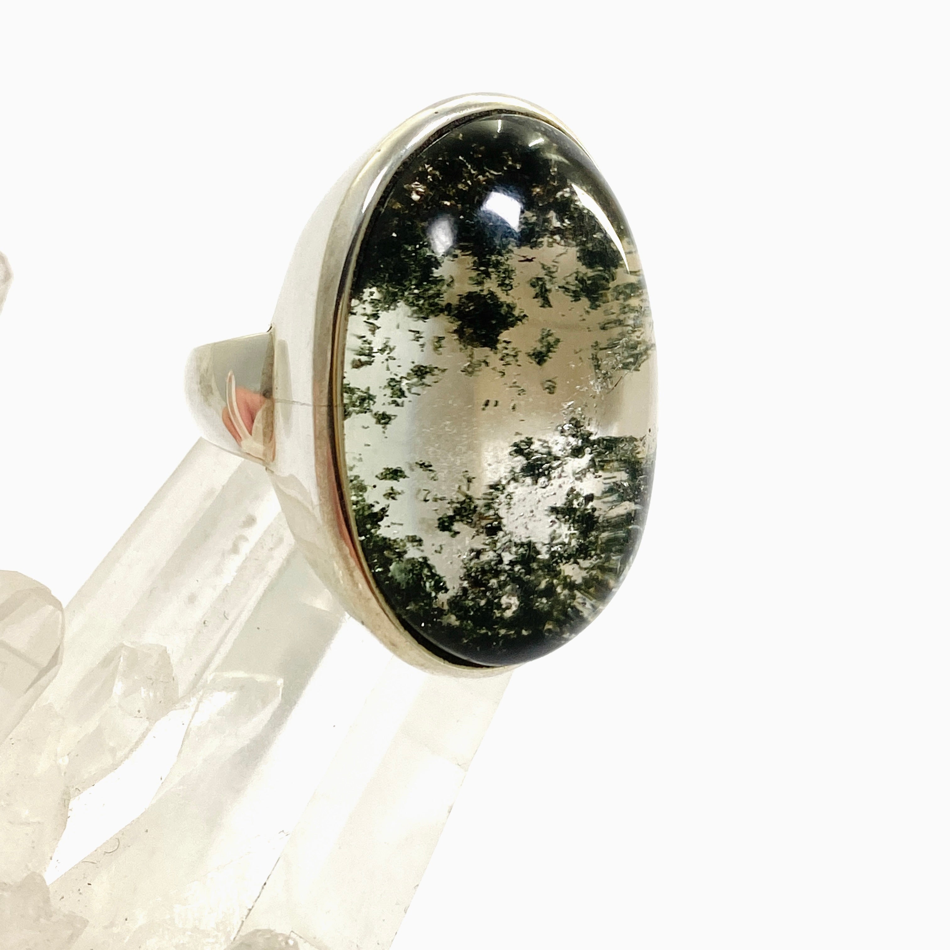 Natural Chlorite in Quartz Oval Cabochon Ring - Size 8.5 - PRGJ917 - Elegant Gemstone Jewelry for Women, Perfect for Weddings & Special Occasions