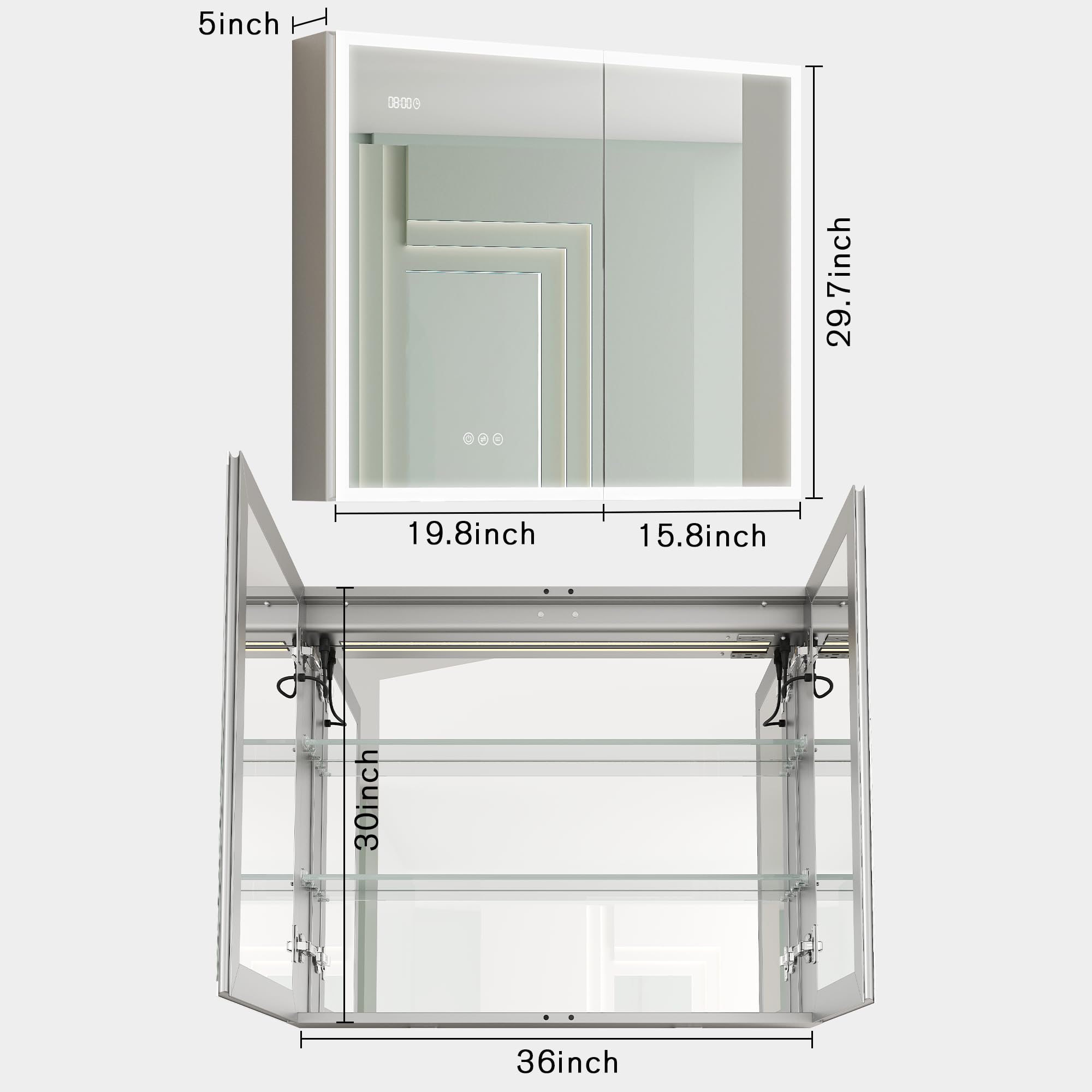 36 x 30 Inch LED Bathroom Medicine Cabinet with Anti-Fog Mirror - 3 Color Lighting, Adjustable Brightness, Time & Temperature Display - Surface Mount Touch Switch for Modern Bathrooms & Vanities