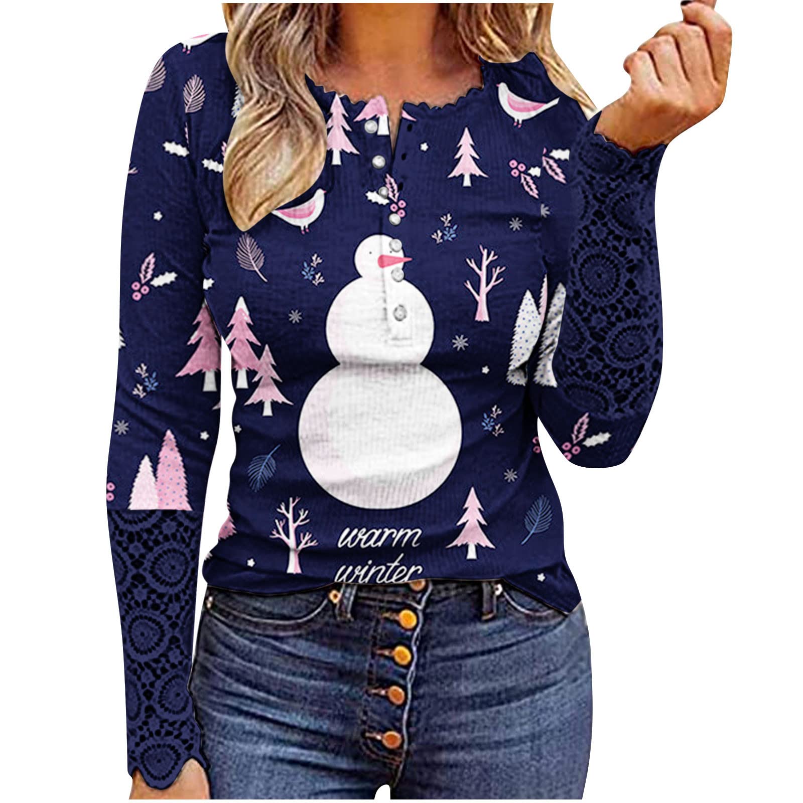 Women's Christmas Printed Long Sleeve Tunic T-Shirt - Oversized Round Neck Holiday Top for Casual Wear & Festive Parties