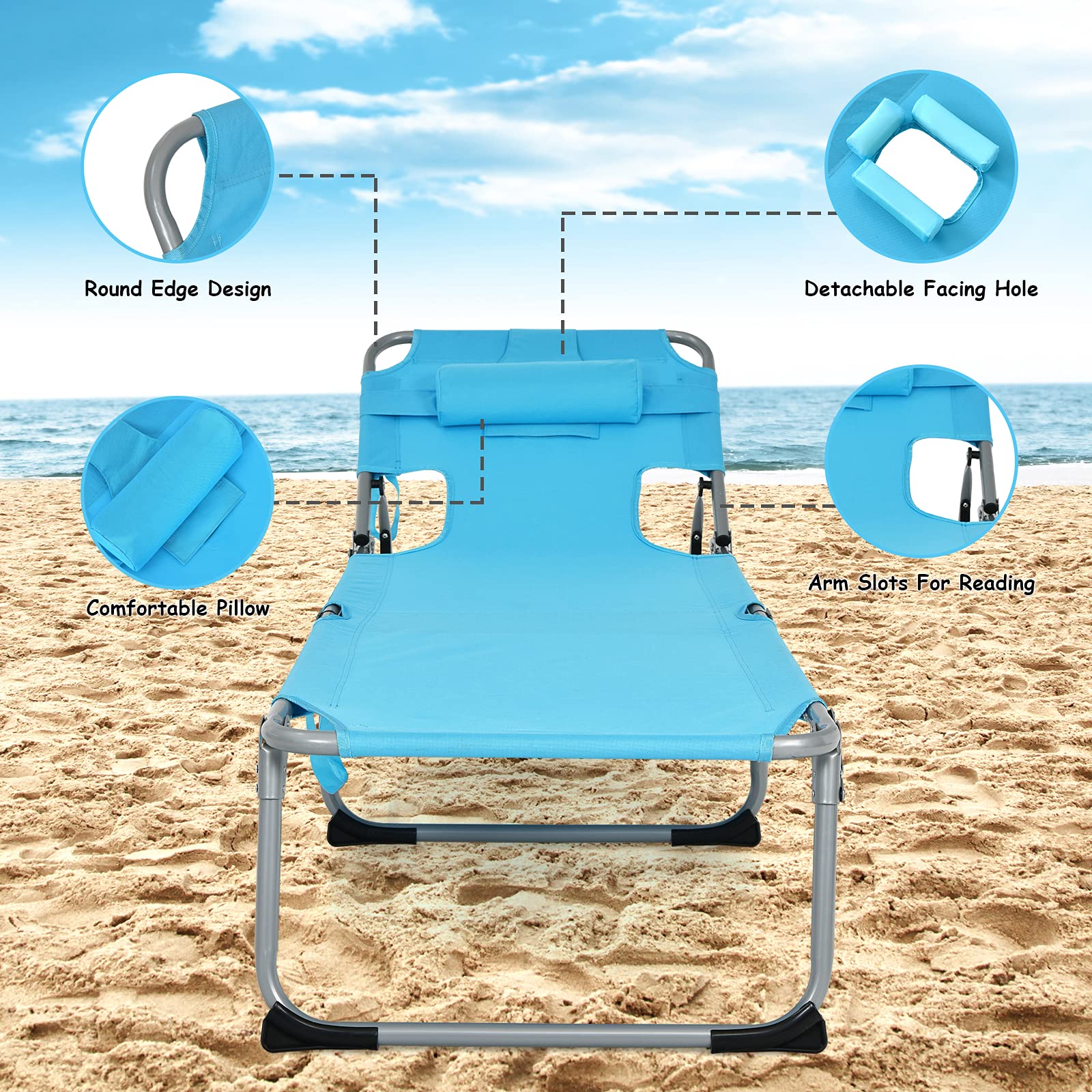 GYMAX Folding Tanning Chair with Adjustable Backrest - Portable Beach Lounger with Face Hole, Arm Holes, Side Pocket & Carry Handle - Outdoor Sunbathing Chair for Patio, Pool, Beach & Backyard Relaxation (Turquoise)