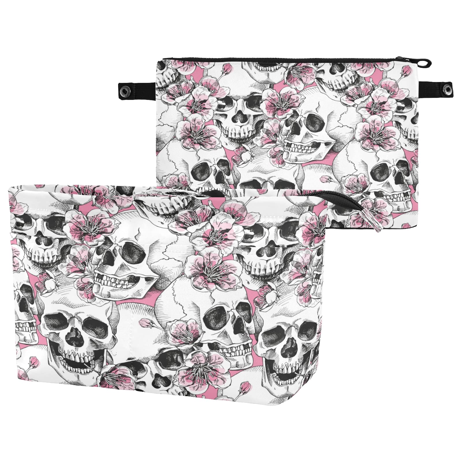 Purse Organizer Insert for Handbags - Pink Floral Skull Tote Bag Organizer with Handle, Zipper & Multi-Pockets | Medium Size | Perfect for Travel, Work & Daily Use