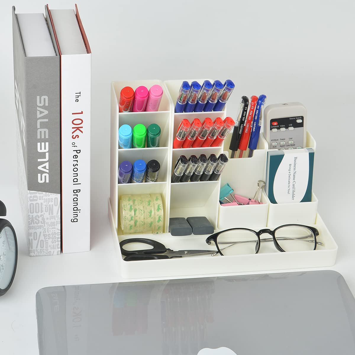Multi-Functional Desk Organizer with Pencil Holder & Storage Baskets - Office Supplies Caddy for Desktop Accessories, School & Home Office Organization - Milky White | Perfect for Workspace Decluttering & Stationery Storage