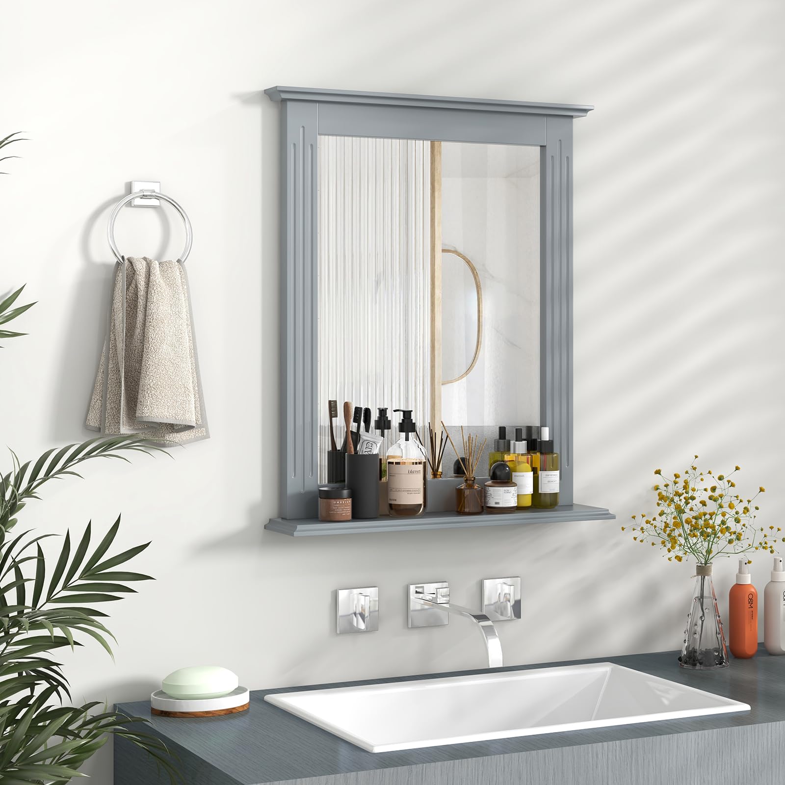 Tangkula Square Bathroom Wall Mirror with Shelf - Modern Vanity Mirror for Makeup, Dressing Room, Washroom & Bedroom - Wall Mounted Hanging Mirror (Grey) | Perfect for Daily Grooming, Home Decor & Small Space Organization