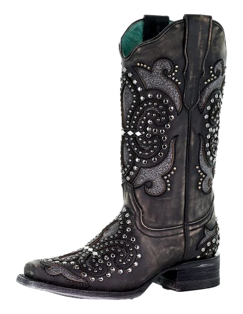 Women's Corral Boots - Studded Tooled Inlay Snip Toe Dress Boots with 1-2