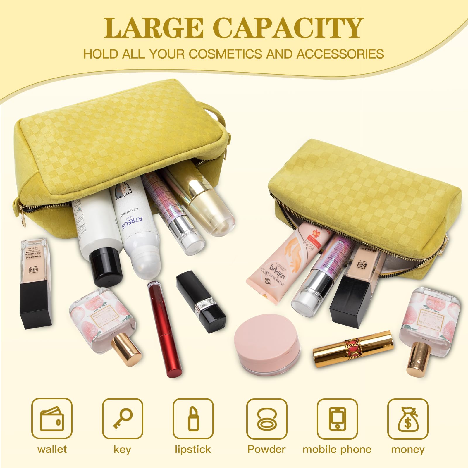 2-Piece Large Checkered Makeup Bag Set - Waterproof Cosmetic Organizer for Women | Travel Toiletry & Makeup Brush Pouch | Perfect for Vacation, Gym, and Daily Use (Yellow)