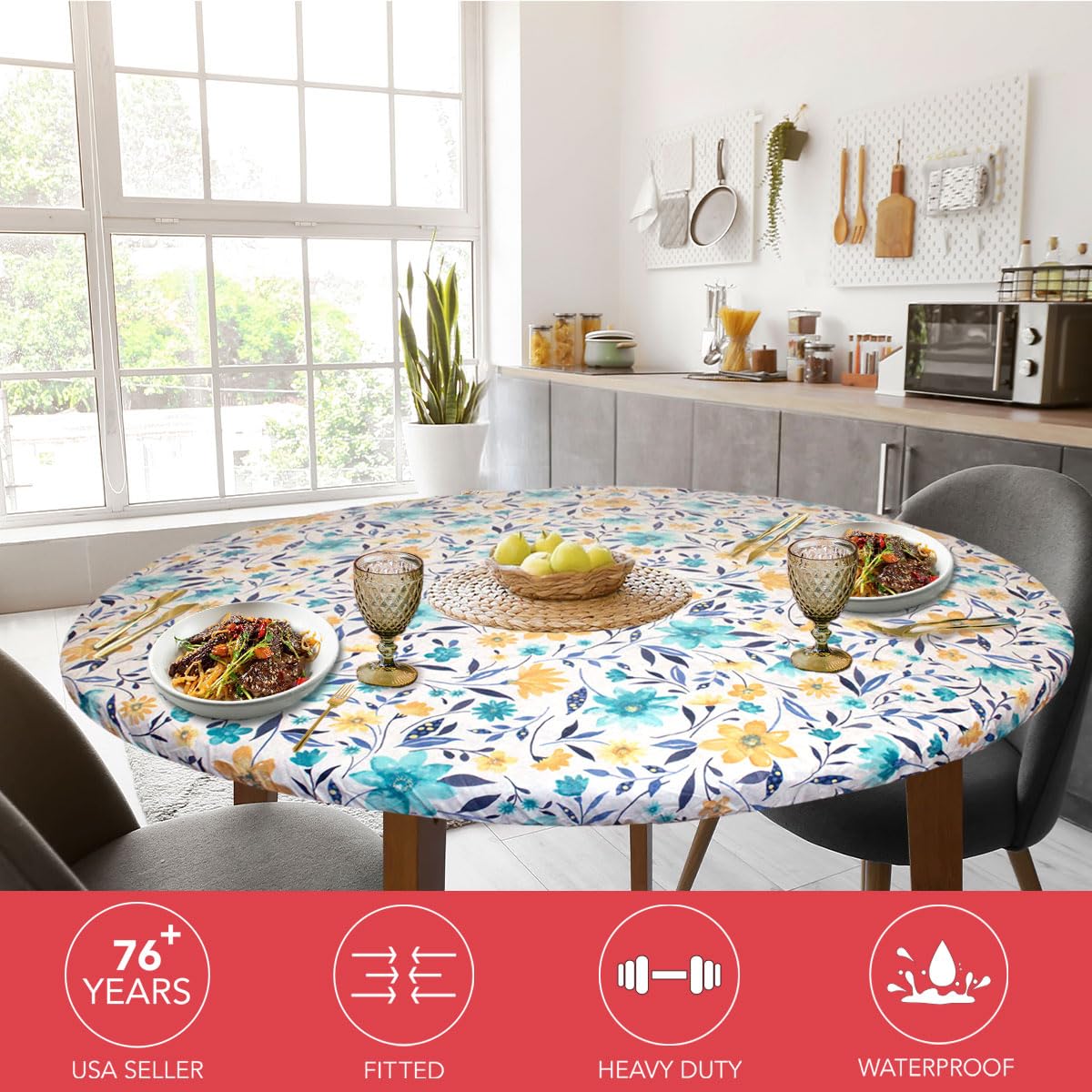 Premium Elastic Flannel-Backed Vinyl Tablecloth - Floating Floral Design for Round, Oblong & Oval Tables (Fits 45