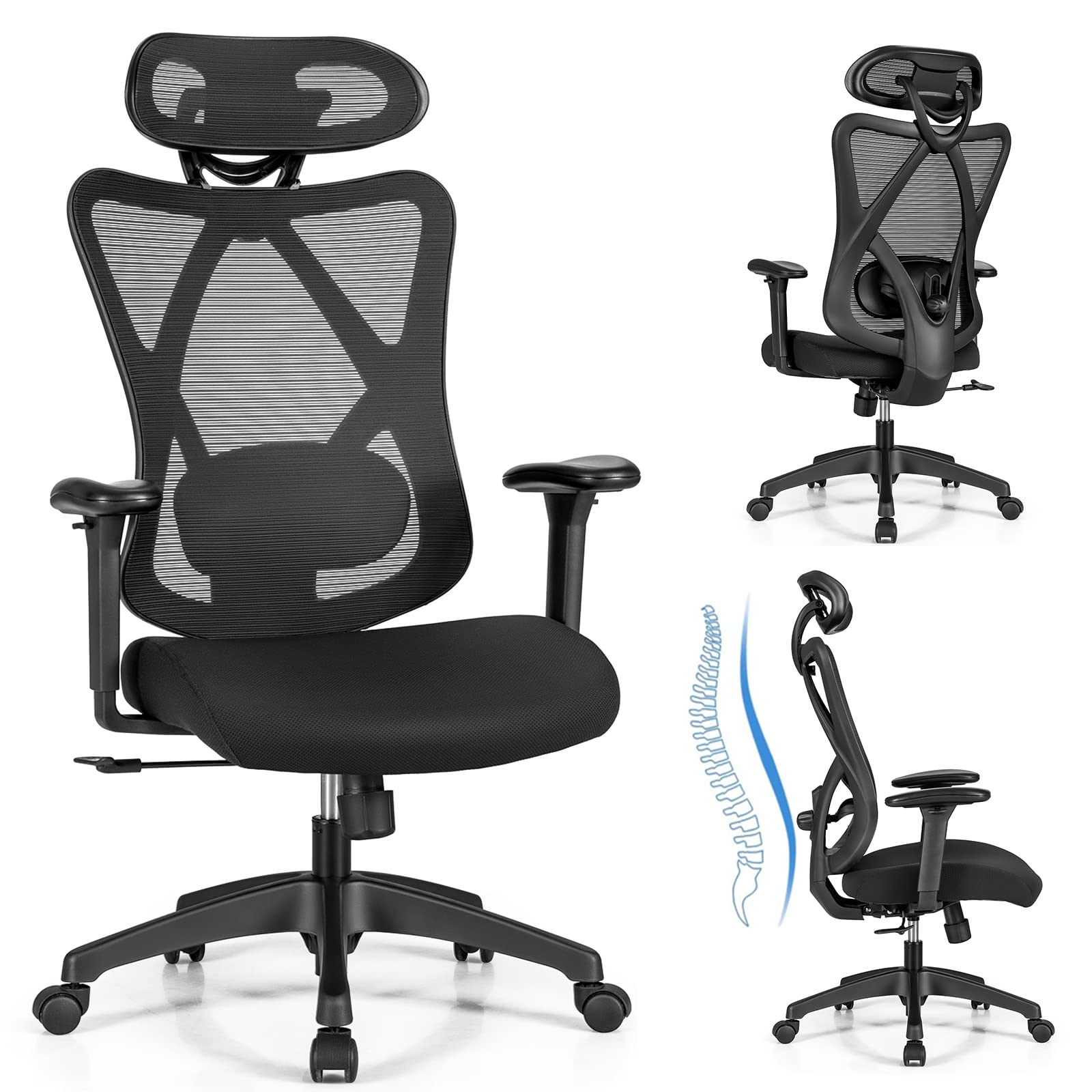 COSTWAY Ergonomic Executive Office Chair - High Back Mesh Computer Desk Chair with Adjustable Lumbar Support, Armrests & Headrest, Reclining Function - Swivel Task Chair for Home Office (Black) | Perfect for Long Work Hours & Remote Work Setup