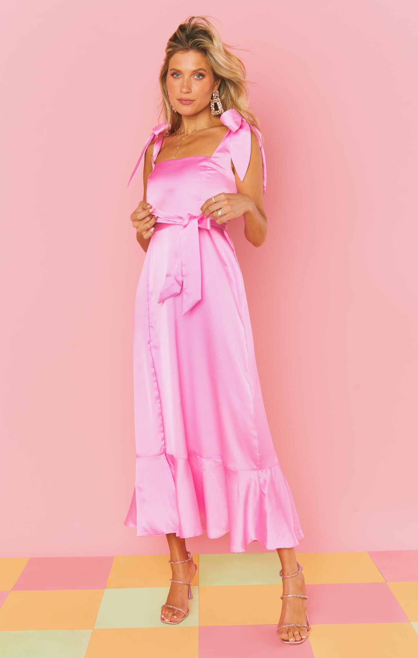 Luxury Pink Satin Garden Midi Dress for Women - Elegant Floral Summer Dress for Parties, Weddings & Special Occasions