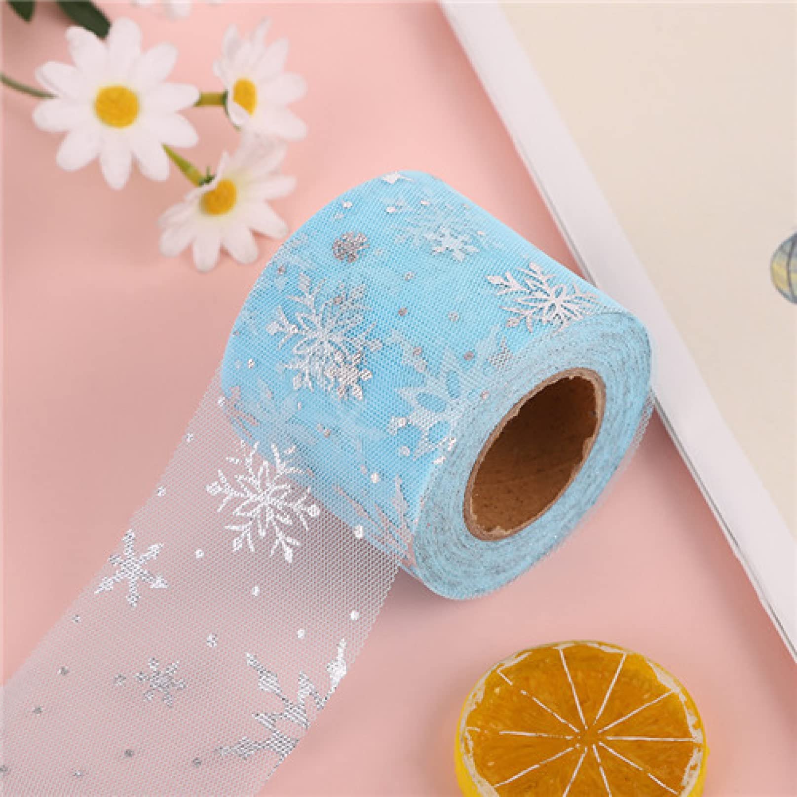 25 Yards Snowflake Printed Tulle Mesh Ribbon - DIY Sewing Fabric for Garments, Hair Clips, Tutu Skirts & Handmade Crafts | Perfect for Christmas Decorations, Wedding Favors, and Gift Wrapping