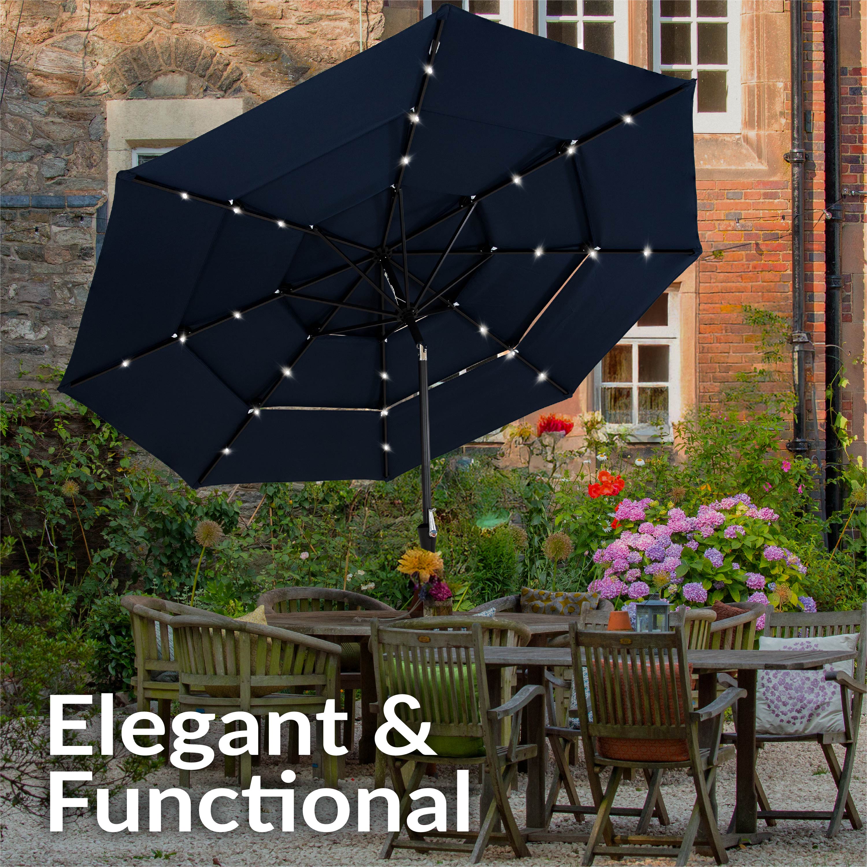 10 ft 3-Tier Large Outdoor Patio Umbrella with Tilt & Crank - Navy Blue Sun Shade for Poolside, Backyard, and Beach Relaxation