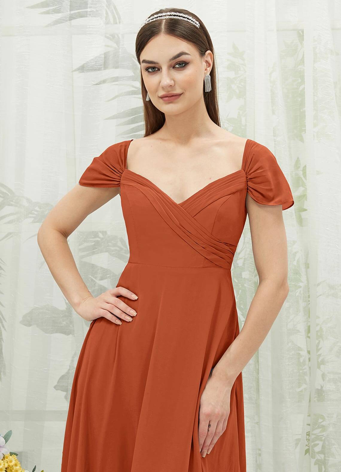 Elegant Burnt Orange Chiffon Cold Shoulder Sweetheart Bridesmaid Dress with Pockets - Perfect for Weddings, Parties & Formal Events