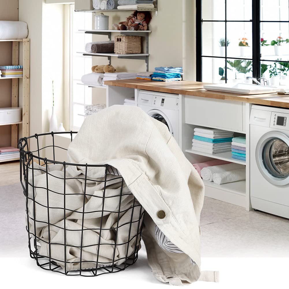 Heavy Duty Iron Wire Utility Storage Basket with Handle - Round Metal Mesh Laundry Hamper for Dirty Clothes, Household & Bathroom Organization (8.5x9.8x7.5 Inches) - Perfect for Bedroom Closet, Laundry Room & Bath Storage