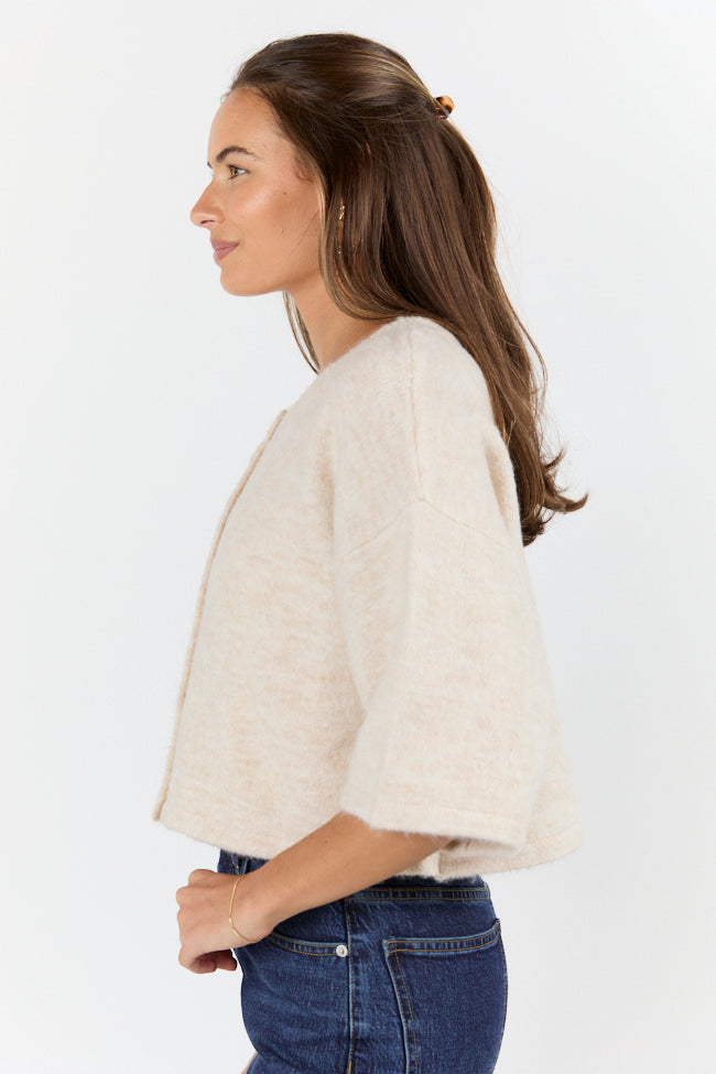 Beige Short Sleeve Crop Cardigan - Soft Summer Knit Sweater for Women | Perfect for Casual Outfits, Beach Cover-ups & Layering