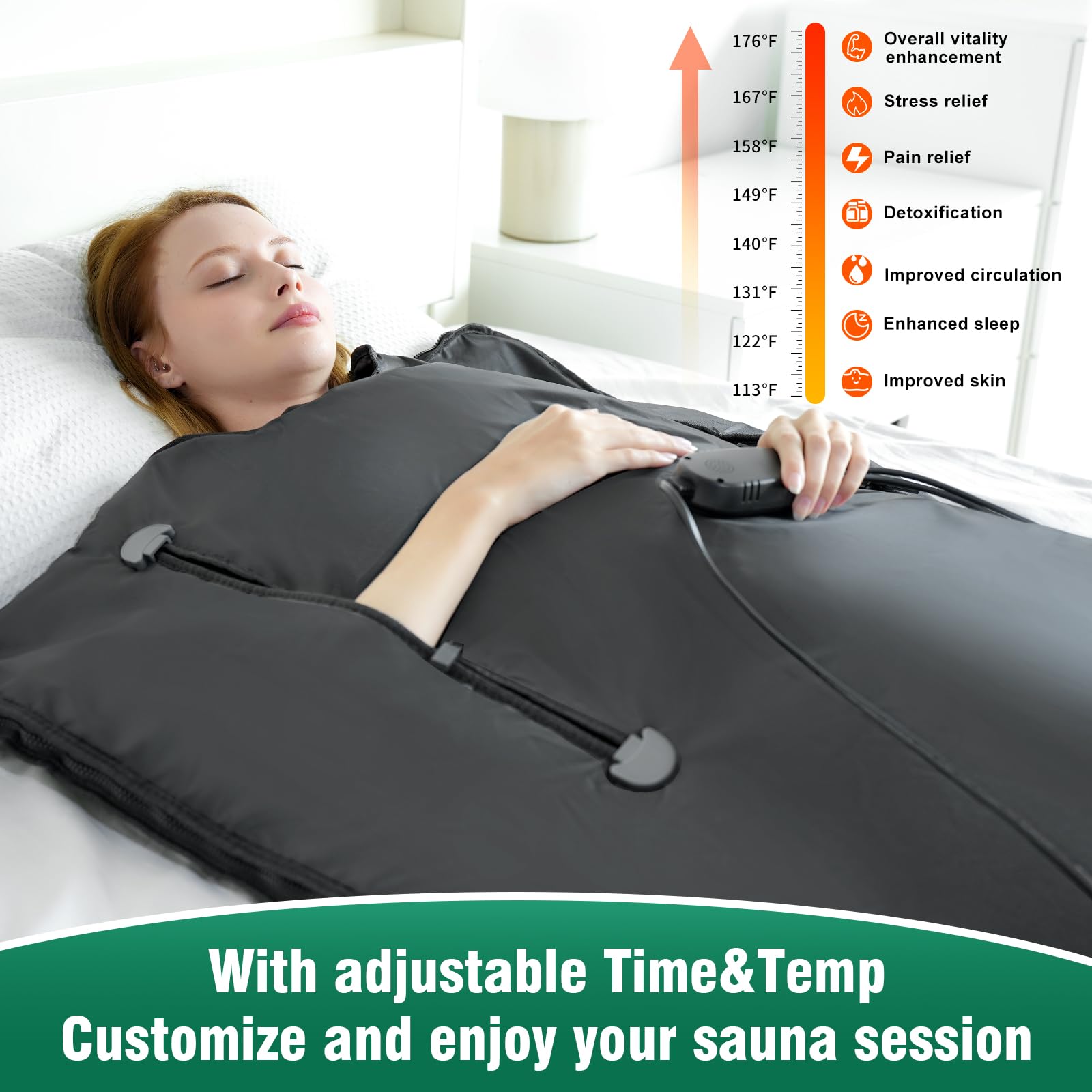 Portable Far Infrared Sauna Blanket for Detox & Relaxation - Home Use with Adjustable Temperature (113-176℉) & Timer (20-60 Min) - 6ft x 2.65ft - Perfect for Stress Relief, Weight Loss & Muscle Recovery