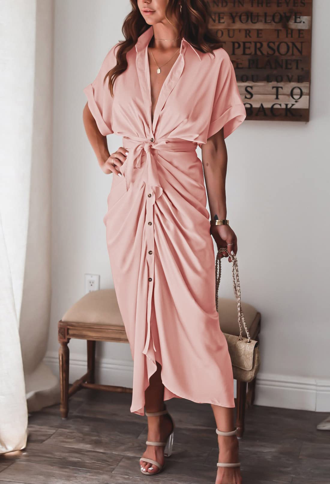 Elegant Women's Satin Button Down Short Sleeve Maxi Shirt Dress with Belt - Perfect for Summer Outings, Beach Vacations & Casual Office Wear