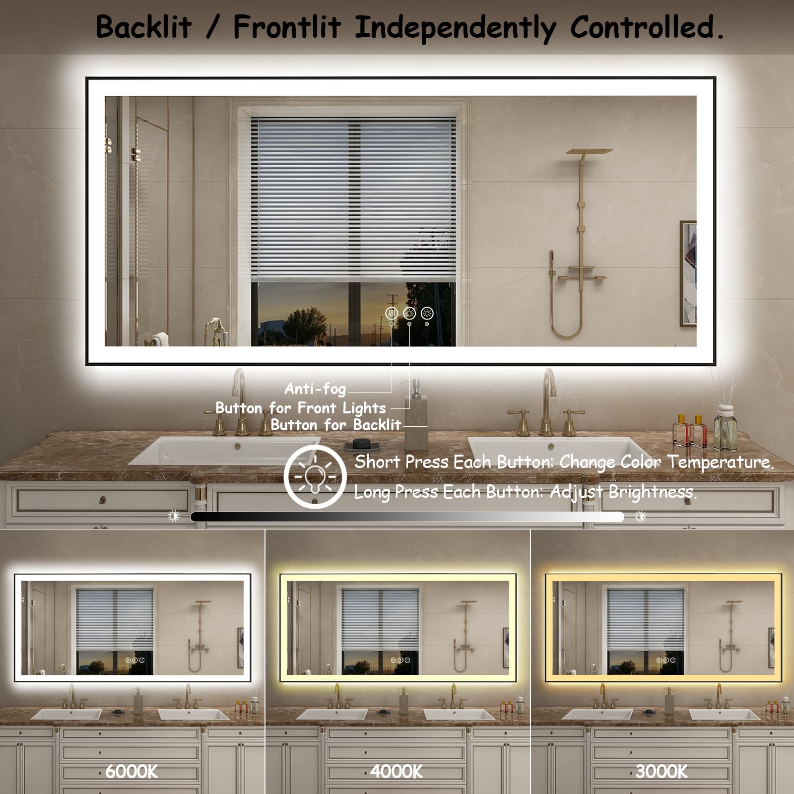 72x32 Inch LED Bathroom Mirror with Dimmable Backlit & Front Lights - Large Framed Anti-Fog Vanity Mirror for Makeup, Shaving & Home Decor