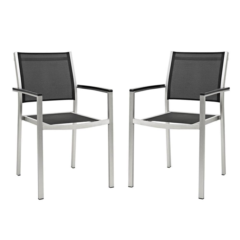 Pemberly Row 18 Inch Modern Aluminum Outdoor Dining Chairs - Silver & Black Patio Furniture Set of 2 - Perfect for Backyard, Garden, Poolside & Restaurant Outdoor Seating