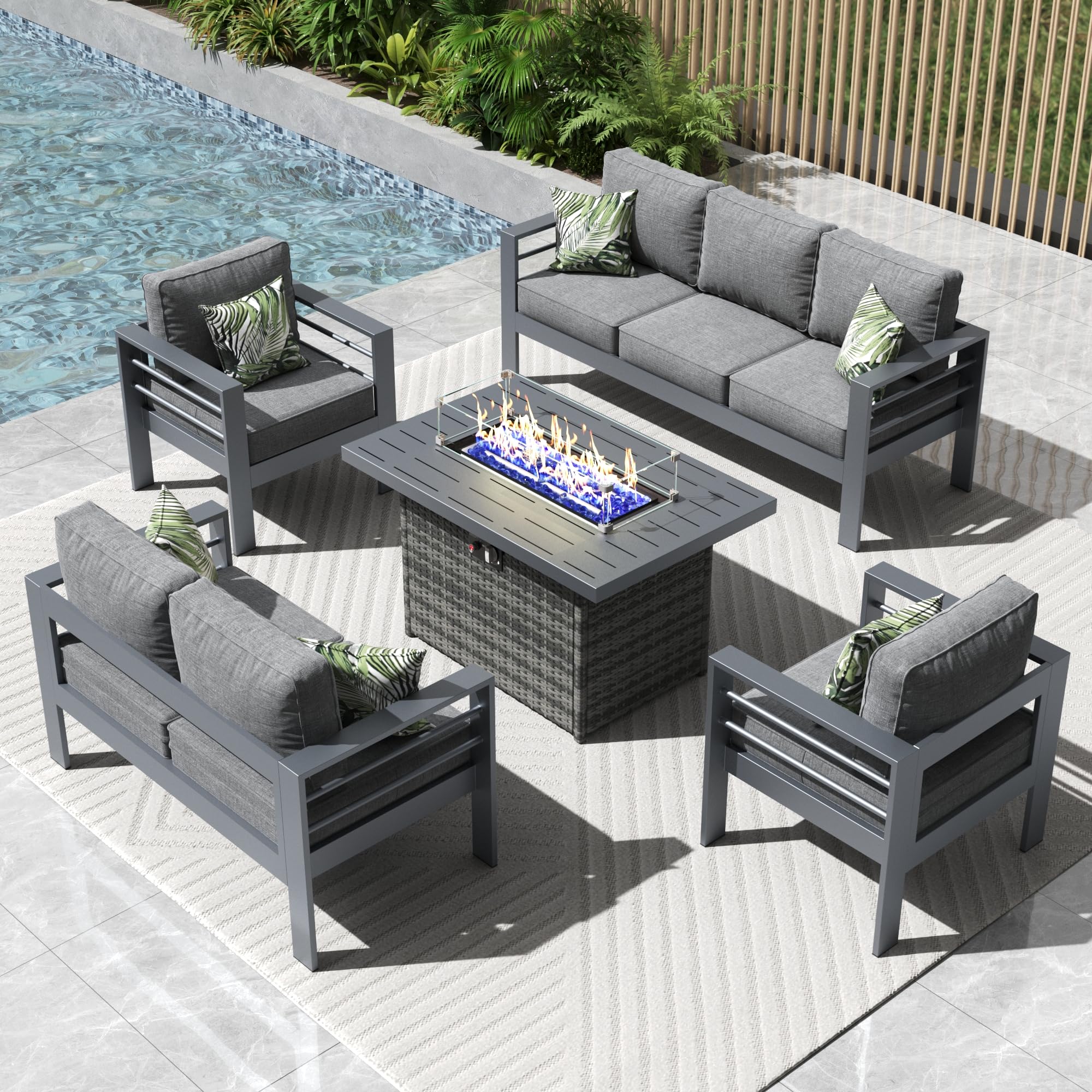 5-Piece Modern Aluminum Patio Furniture Set with Fire Pit Table - Outdoor Metal Sectional Sofa Conversation Set for Backyard, Garden, and Poolside Relaxation