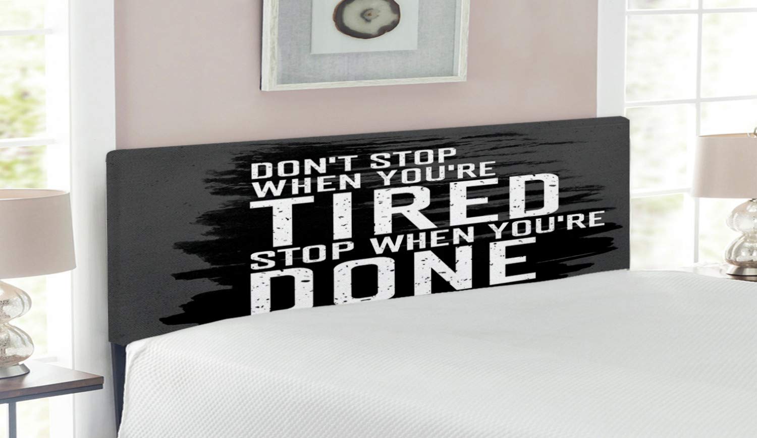 Ambesonne Upholstered Fitness Headboard with Memory Foam - Queen Size Charcoal Grey & White - Motivational 'Keep Moving' Brush Stroke Design - Perfect for Home Gym Bedrooms & Athlete Dorm Decor