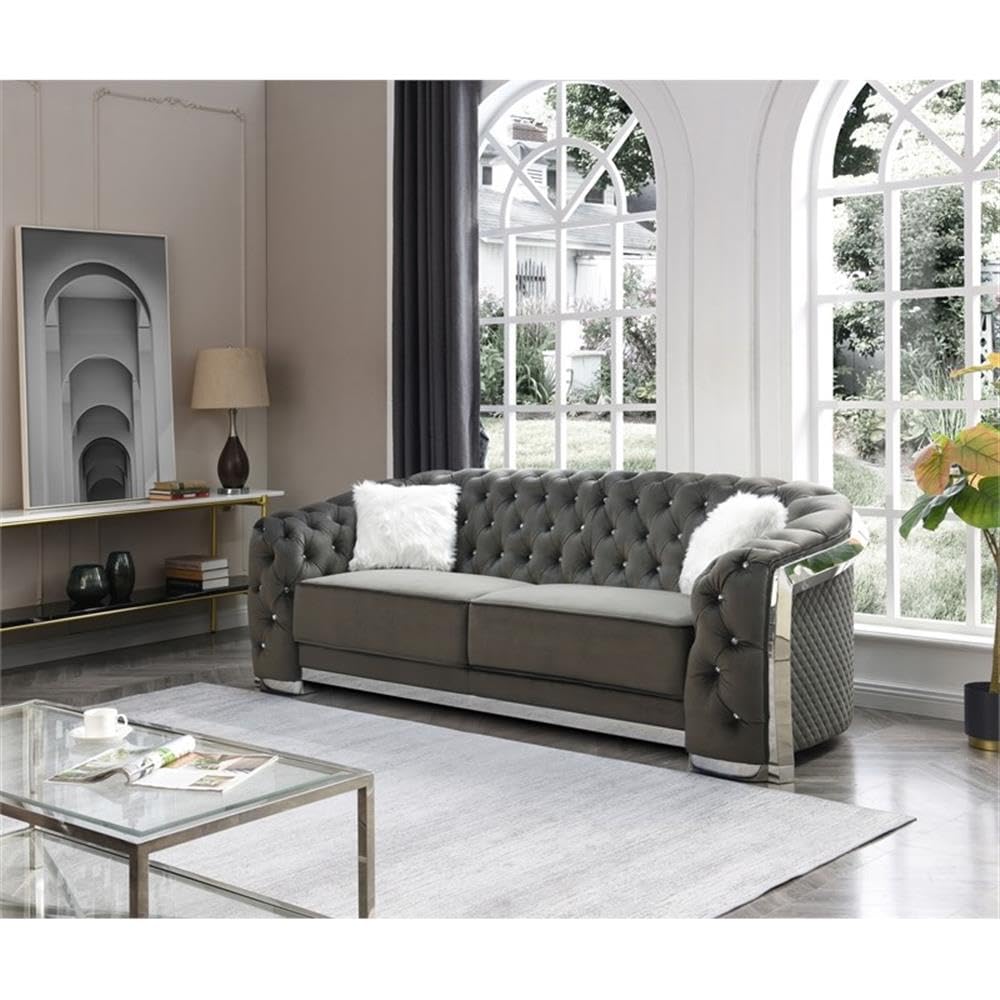 Glory Sapphire Gray Velvet Sofa with LED Accent Lighting - Modern LED Lighted Sectional Couch for Living Room, Lounge & Home Theater