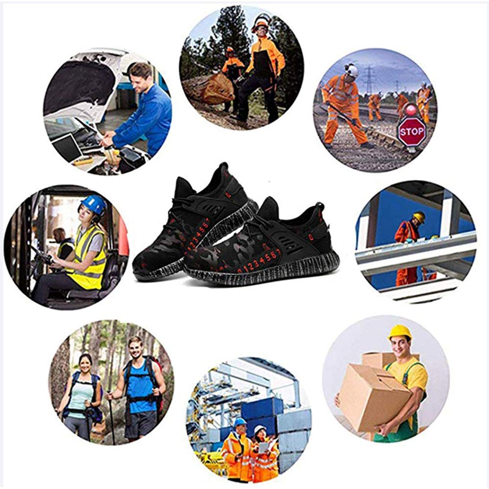 Men's & Women's Steel Toe Safety Work Shoes - Slip Resistant, Puncture Proof Industrial Construction Boots - Camouflage & Red Options (Size 46) - Ideal for Construction Sites, Warehouses & Heavy Duty Work Environments