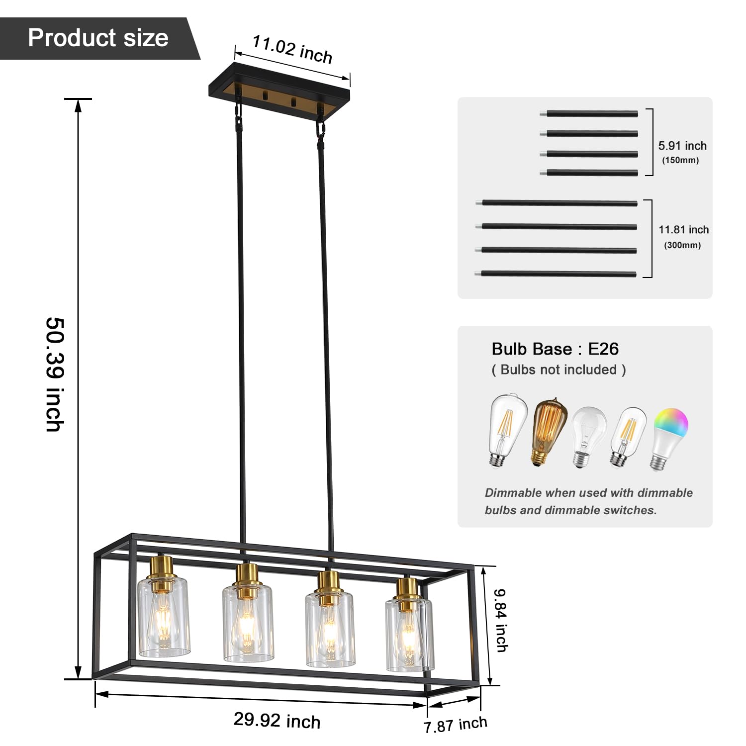 EMONG 4-Light Black and Gold Rectangular Chandelier - Adjustable Height Dining Room Pendant Light with Clear Glass Shade for Kitchen Island, Dining Table & Breakfast Nook Lighting