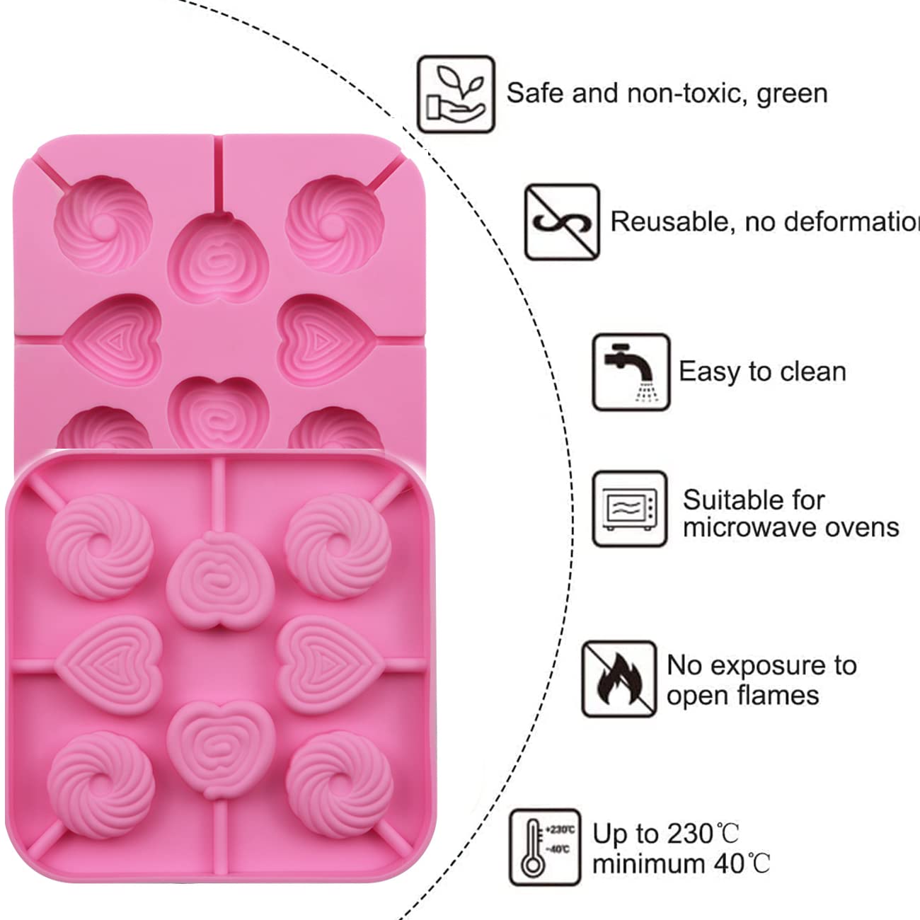 2Pcs Heart-Shaped Silicone Lollipop Molds - 8 Cavity Food Grade Chocolate & Hard Candy Molds with 40 Lollipop Sticks - Perfect for Valentine's Day, Birthday Parties, and DIY Candy Making