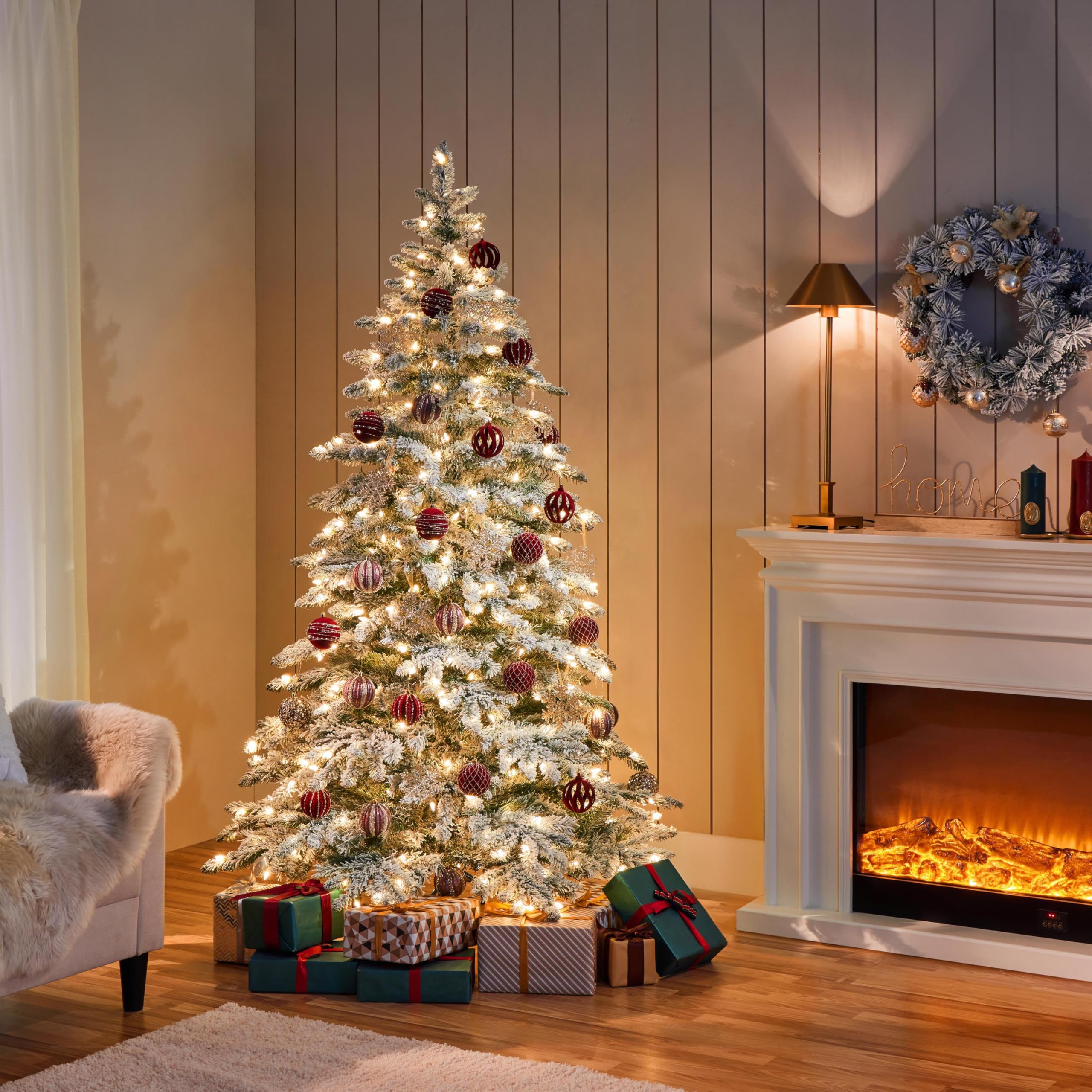 Yaheetech 6ft Pre-Lit Artificial Christmas Tree with 400 Warm White LED Lights & 940 PVC Tips, Hinged Snow Flocked Xmas Tree with Foldable Stand & Protective Foot Caps - Perfect for Home, Office, and Holiday Decorations