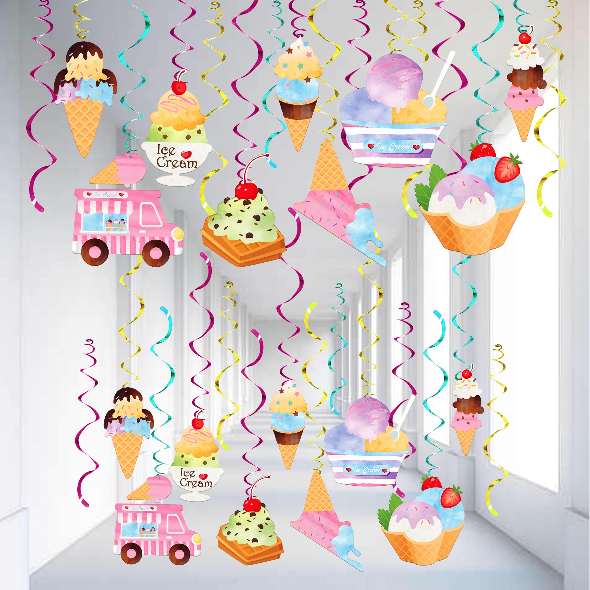 KatchOn 30PCS Ice Cream Hanging Swirls Party Decorations - Ready-to-Use Hanging Decor for Ice Cream Themed Birthday Parties, Baby Showers & Summer Social Events | Perfect for Dessert Tables, Photo Backdrops & Indoor/Outdoor Decor