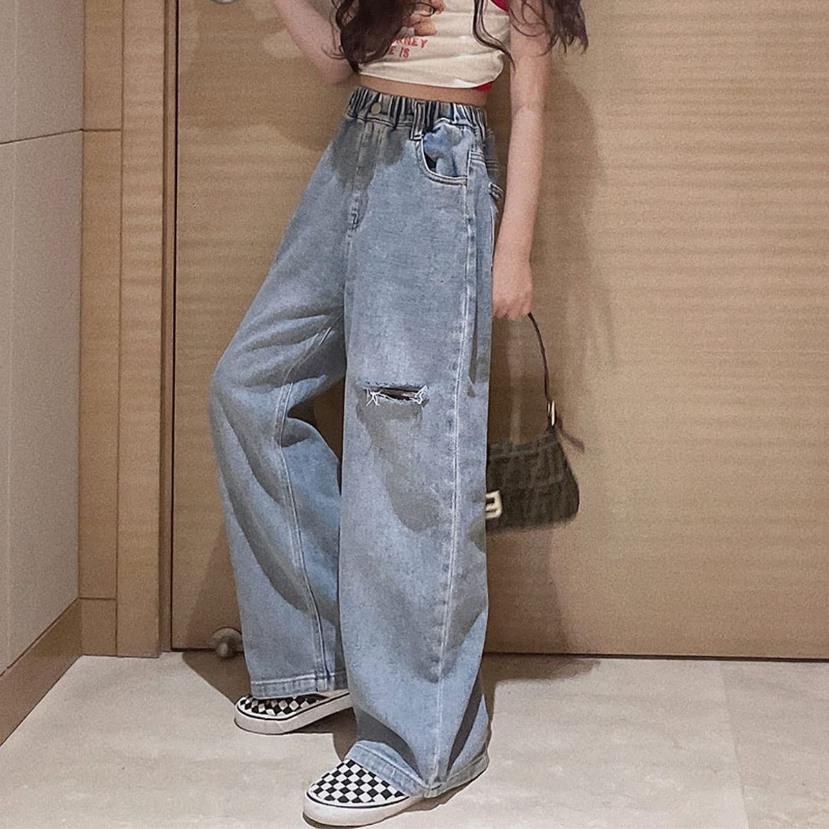 **Girls' Ripped Distressed Baggy Wide Leg Jeans for Kids Size 5-14 Years | Trendy Casual Denim Pants for School, Play & Everyday Wear**
