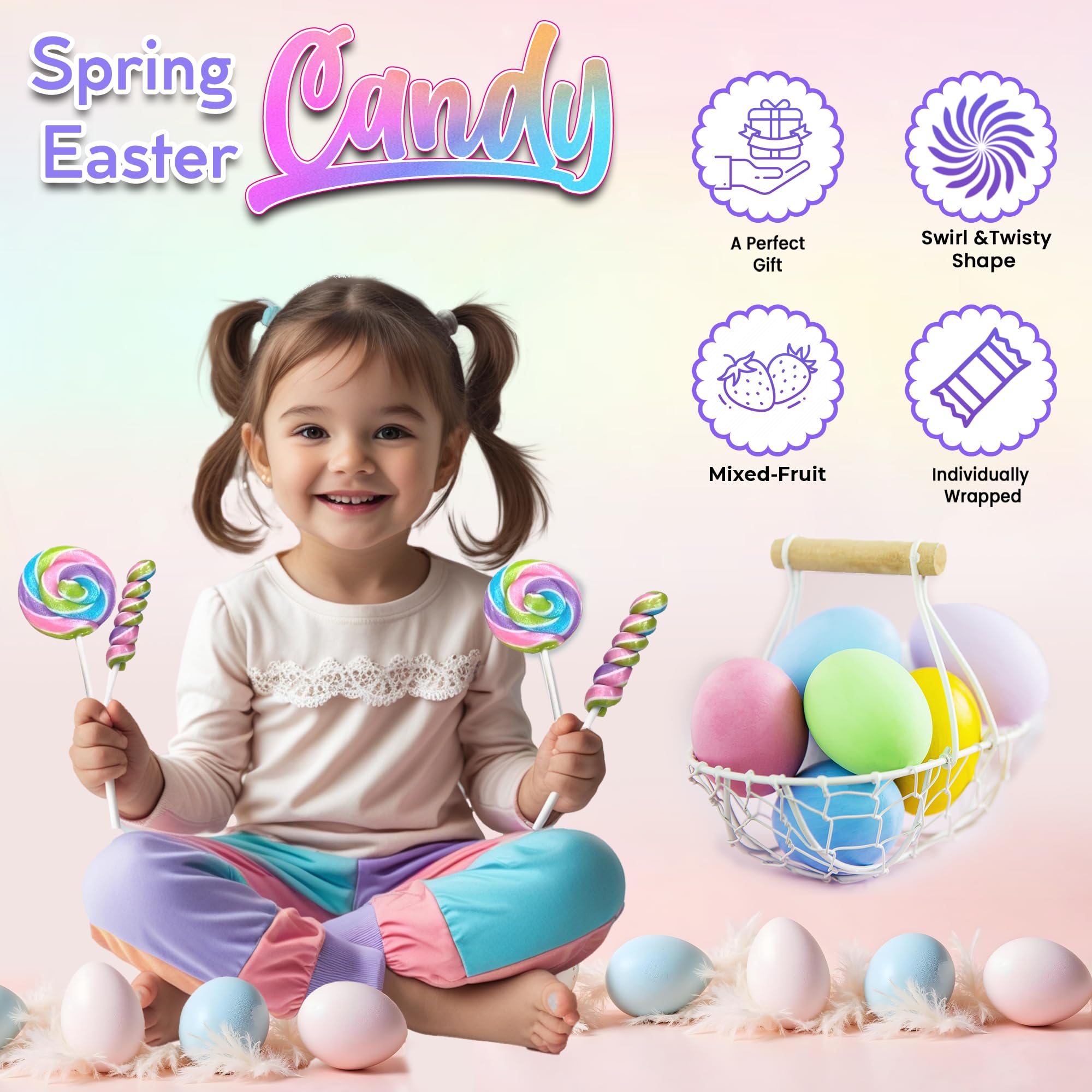 Easter Candy Lollipops - 24 Individually Wrapped Swirl & Twisty Lollipops (18g & 12g) - Perfect for Easter Baskets, Egg Hunts, Candy Buffets & Party Favors - Spring Holiday Treats for Kids & Adults