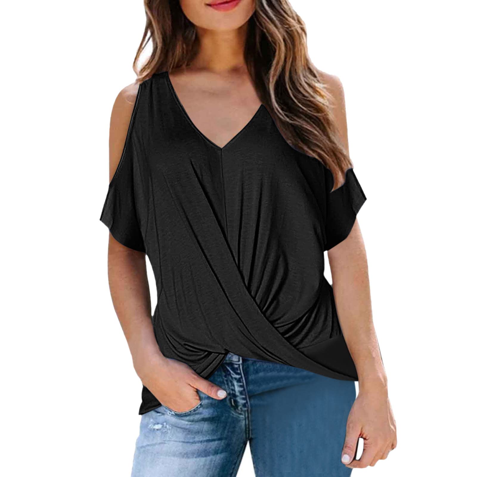 5 Pack Women's V-Neck T-Shirts - Casual Short Sleeve Summer Tops with Cold Shoulder Design | Perfect for Everyday Wear, Beach Outings & Summer Vacations